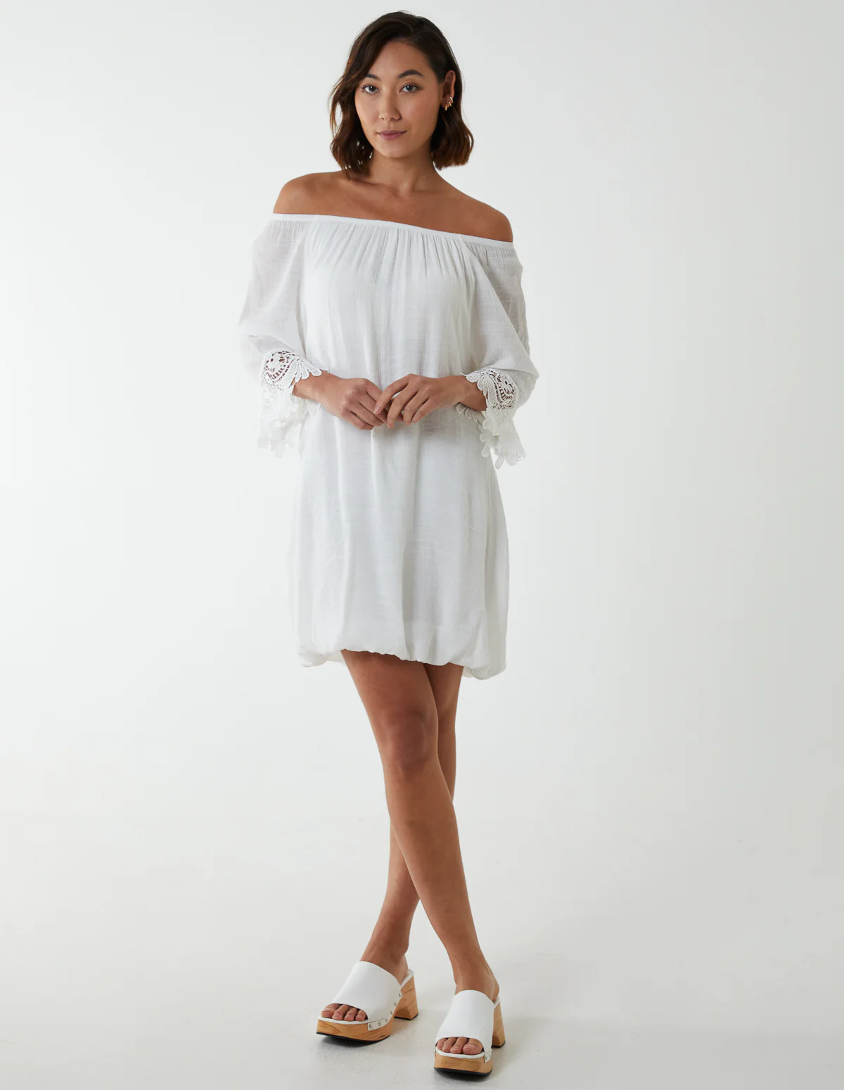 Bardot Tunic Dress With Crochet Lace Sleeves - Image 4
