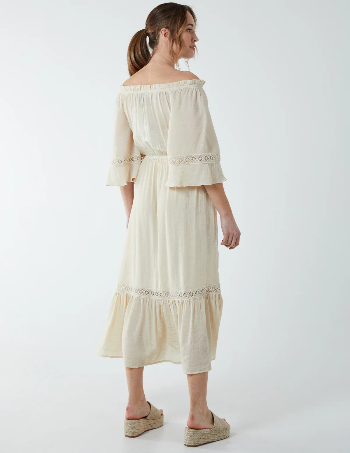 Off Shoulder Elasticated Lace Insert Midi Dress - Image 4