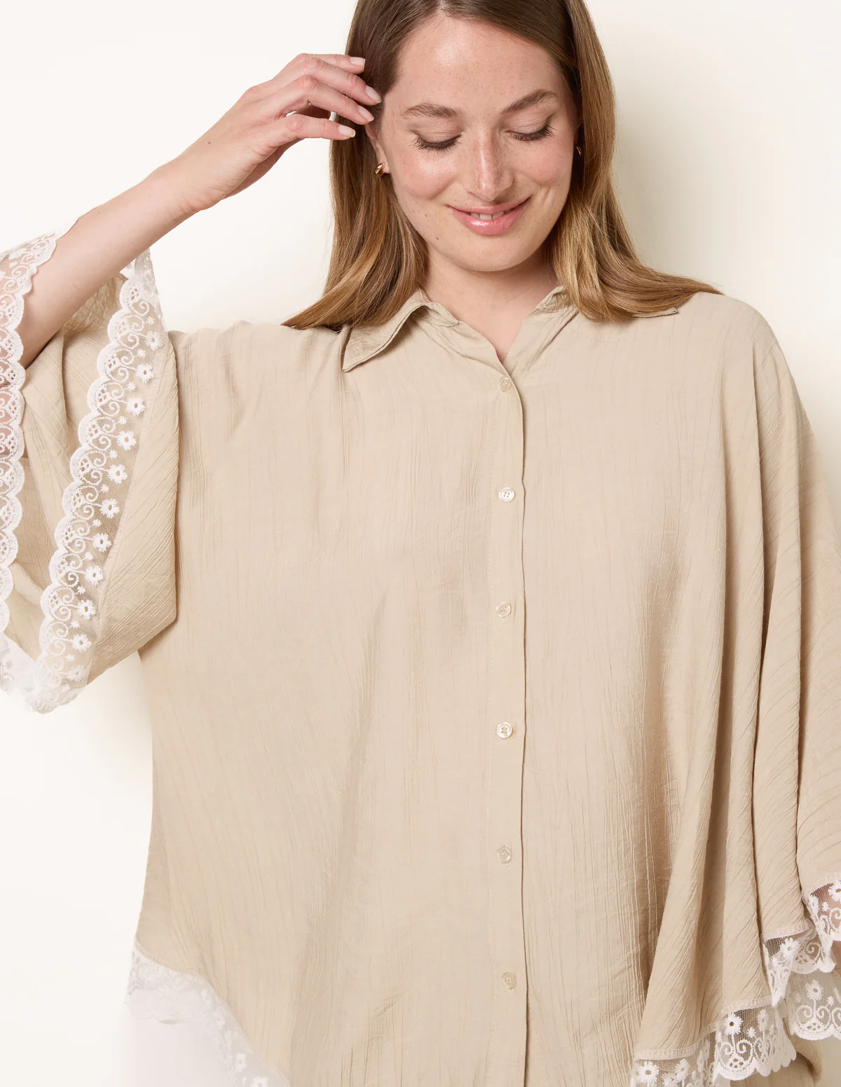 Oversize Crinkle Lace Hem Shirt - Image 3