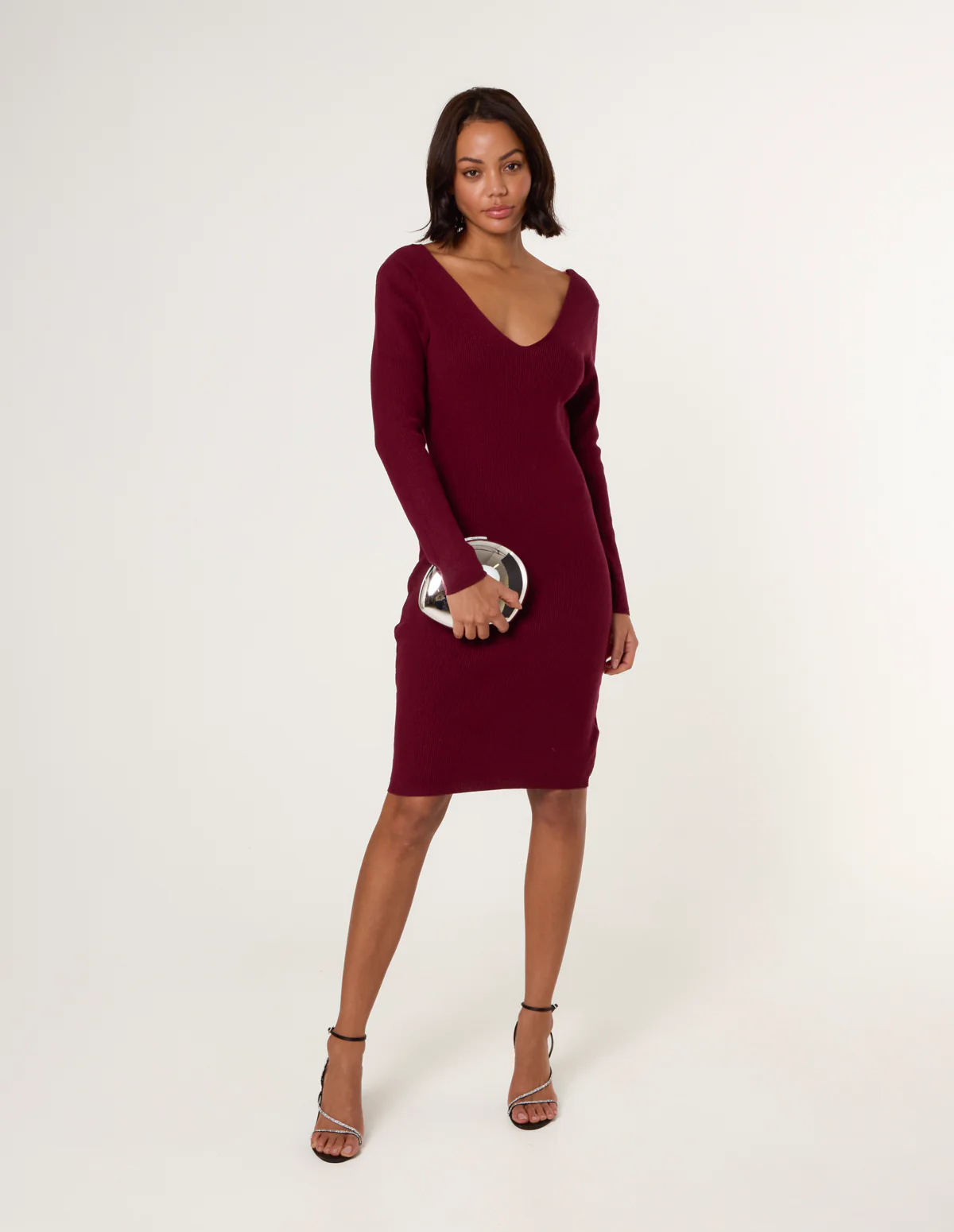 V Neck Bow Back Detailed Knitted Dress