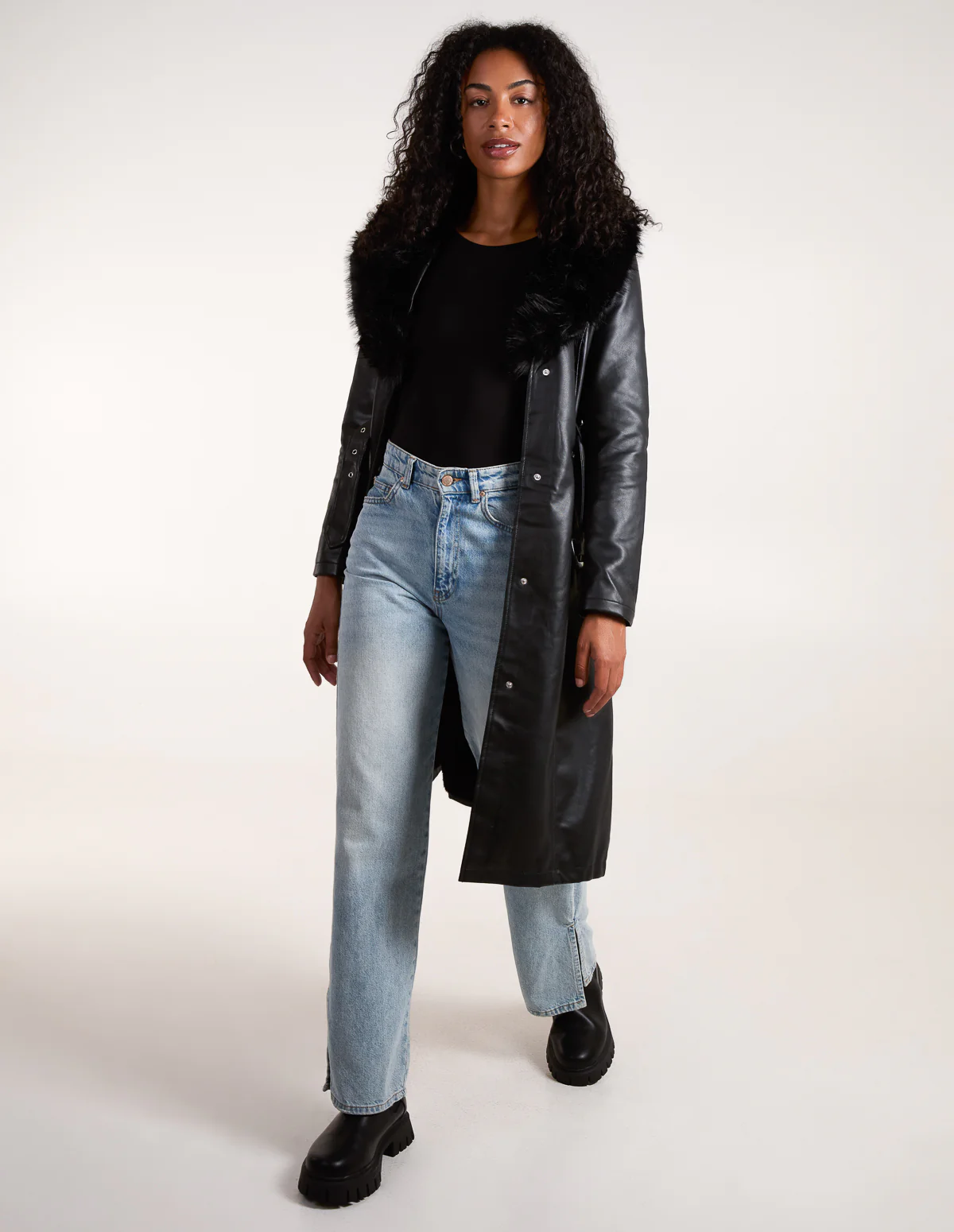 Faux Fur PU Longline Coat - Image 2