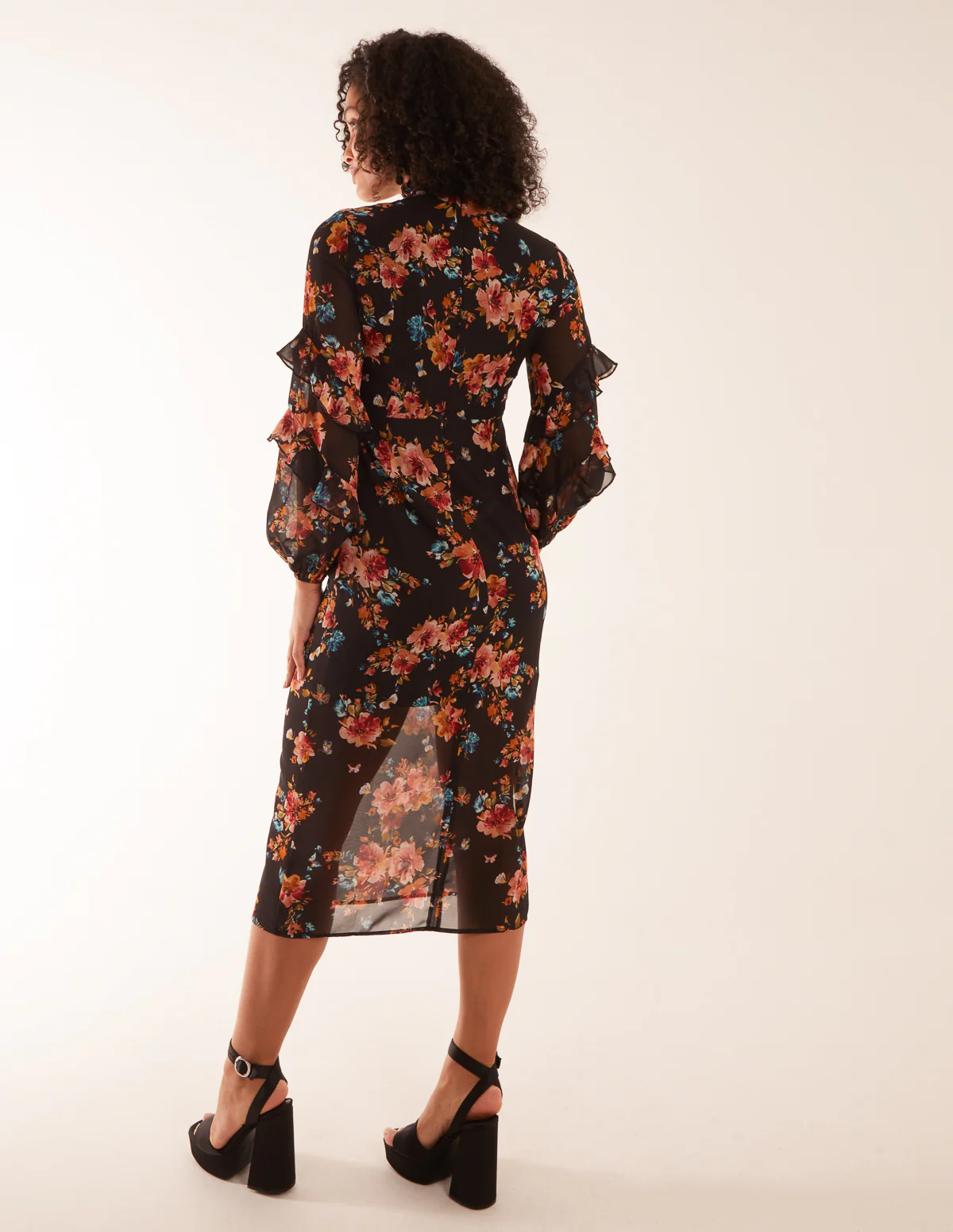 Floral Printed High Neck Midi Dress With Frill Sleeve Details - Image 4