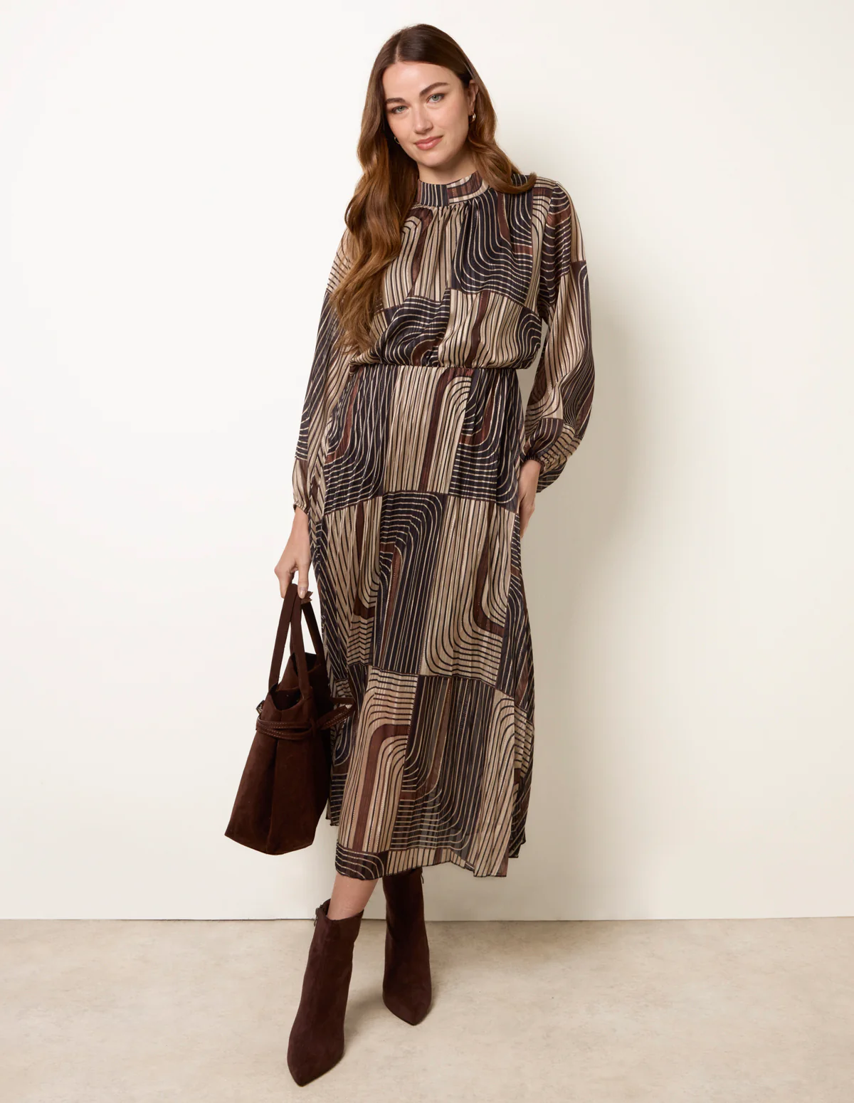 Geometric High Neck Pleated Dress - Image 2