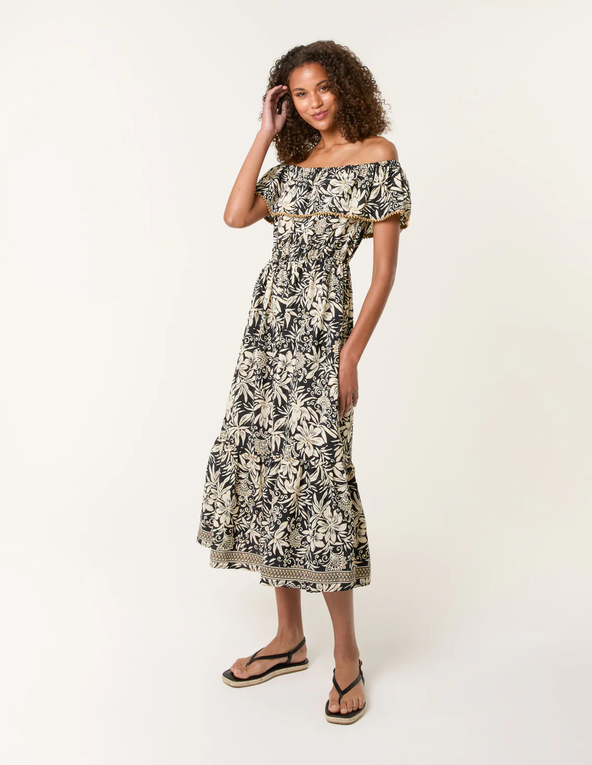 Gold Beaded Bardot Midi Dress