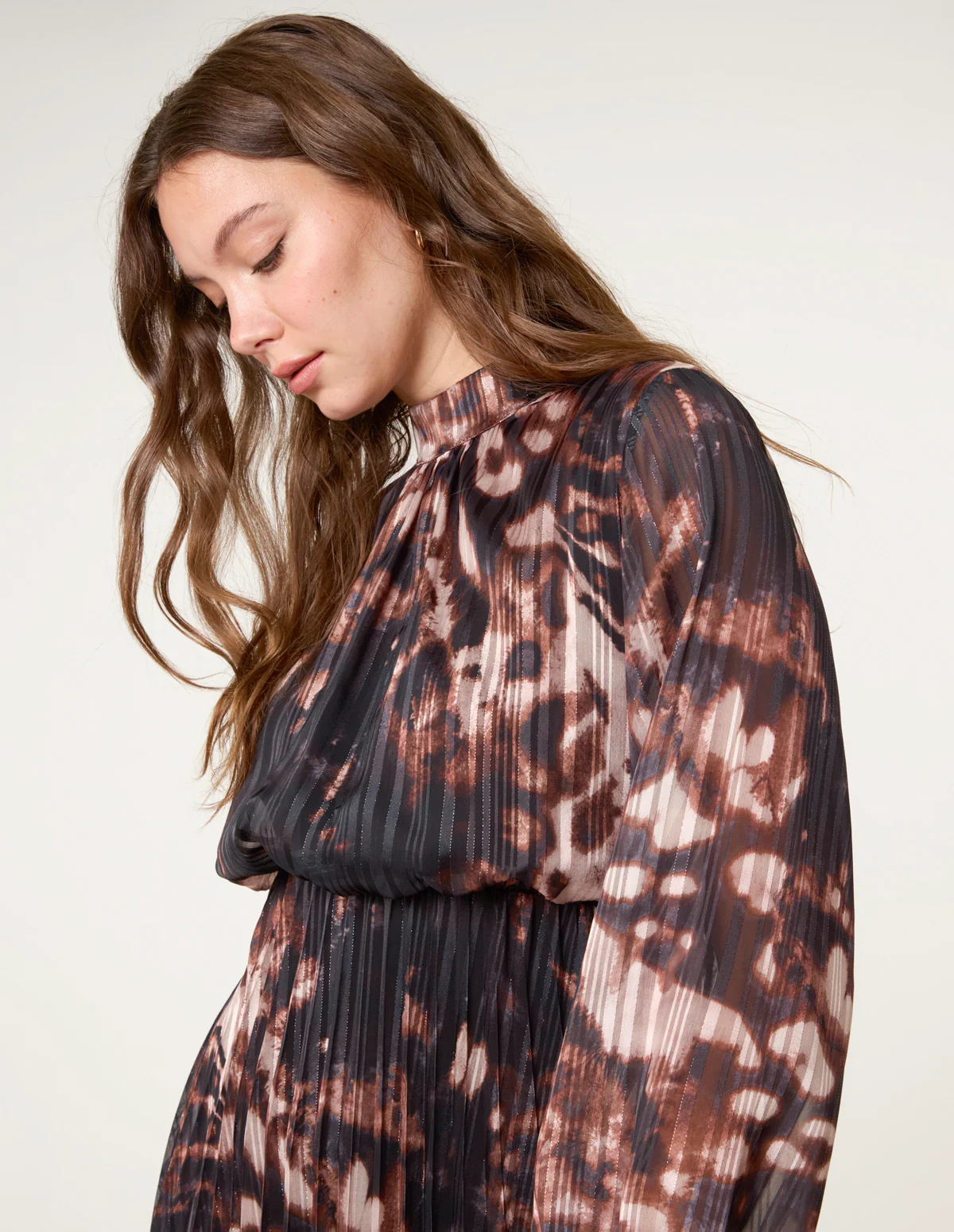 High Neck Metallic Pleated Dress - Image 2