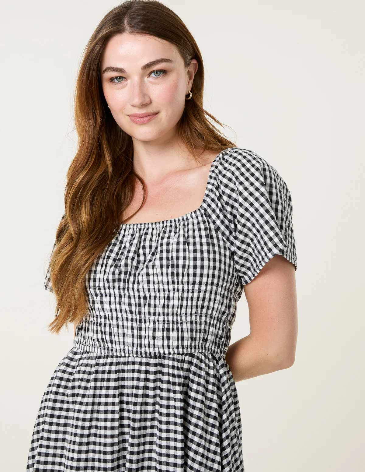 Shirred Gingham Midi Dress - Image 3
