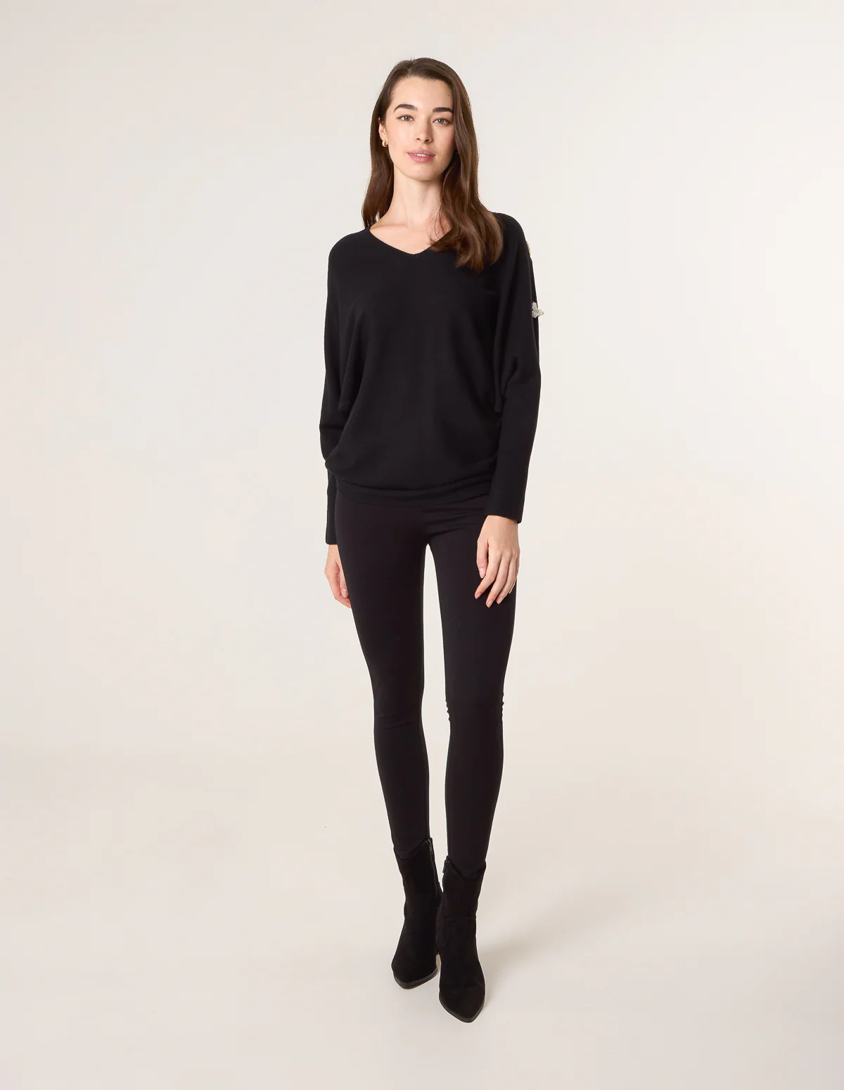 V-Neck Batwing Shoulder Pearl Detailing Jumper - Image 3