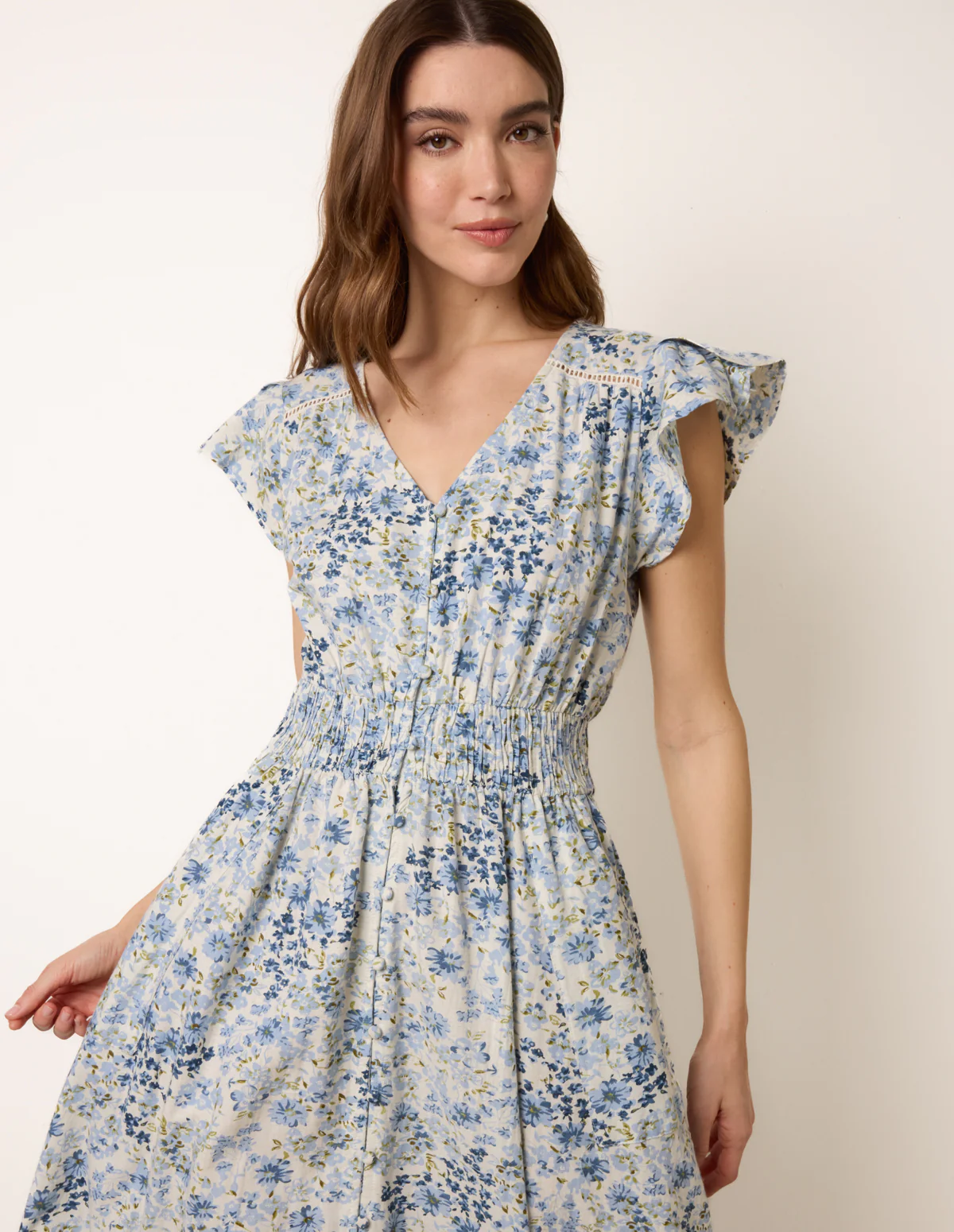 Ditsy Floral Print Shirred Waist Button Front Maxi Dress - Image 2