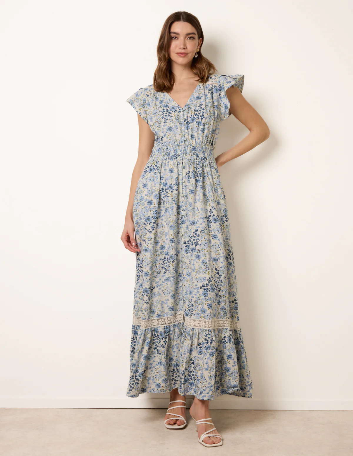 Ditsy Floral Print Shirred Waist Button Front Maxi Dress - Image 3