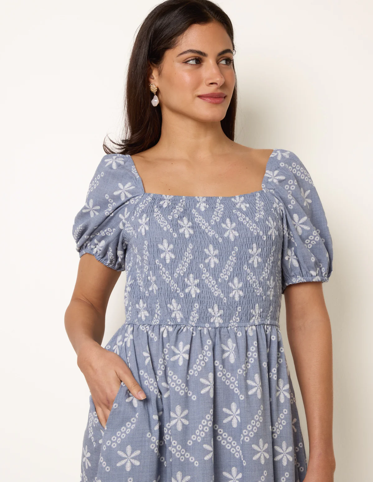 Embroidery Puff Sleeve Midi Dress - Image 2