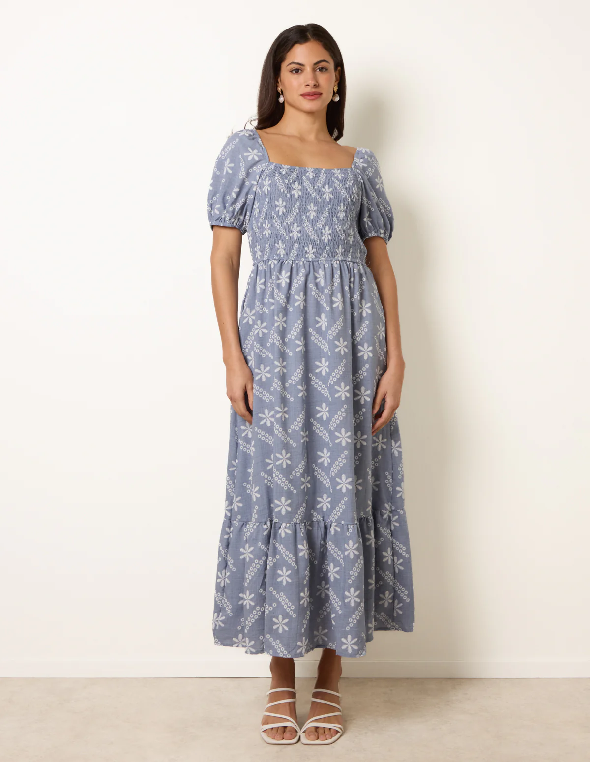 Embroidery Puff Sleeve Midi Dress - Image 3