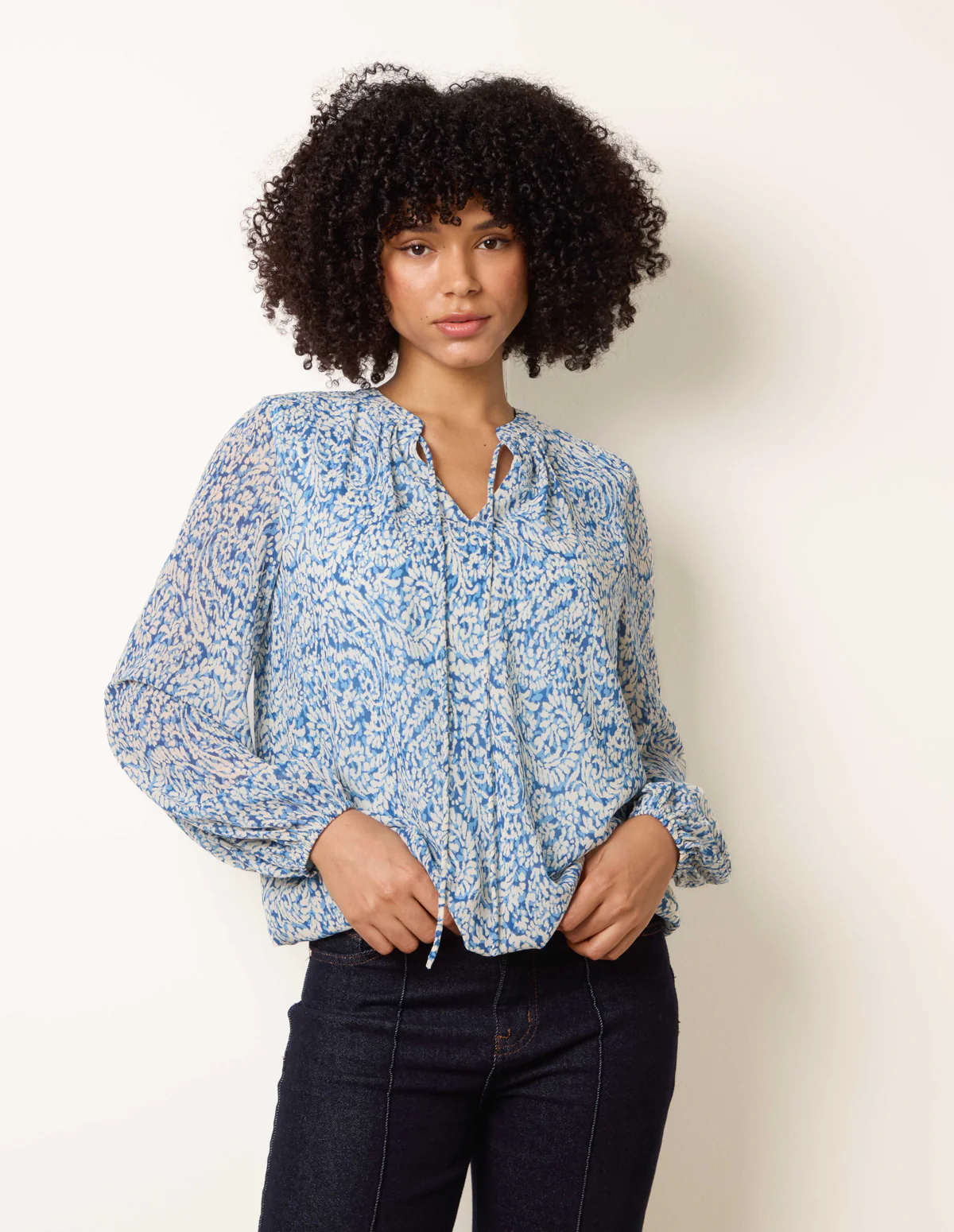 Grandad Tie Neck Puff Hem Watercolour Blouse