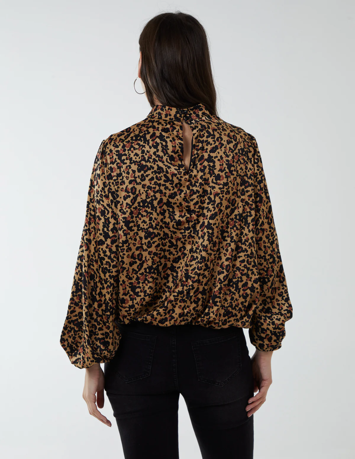 High Neck Leopard Print Satin Blouson Top - Image 4