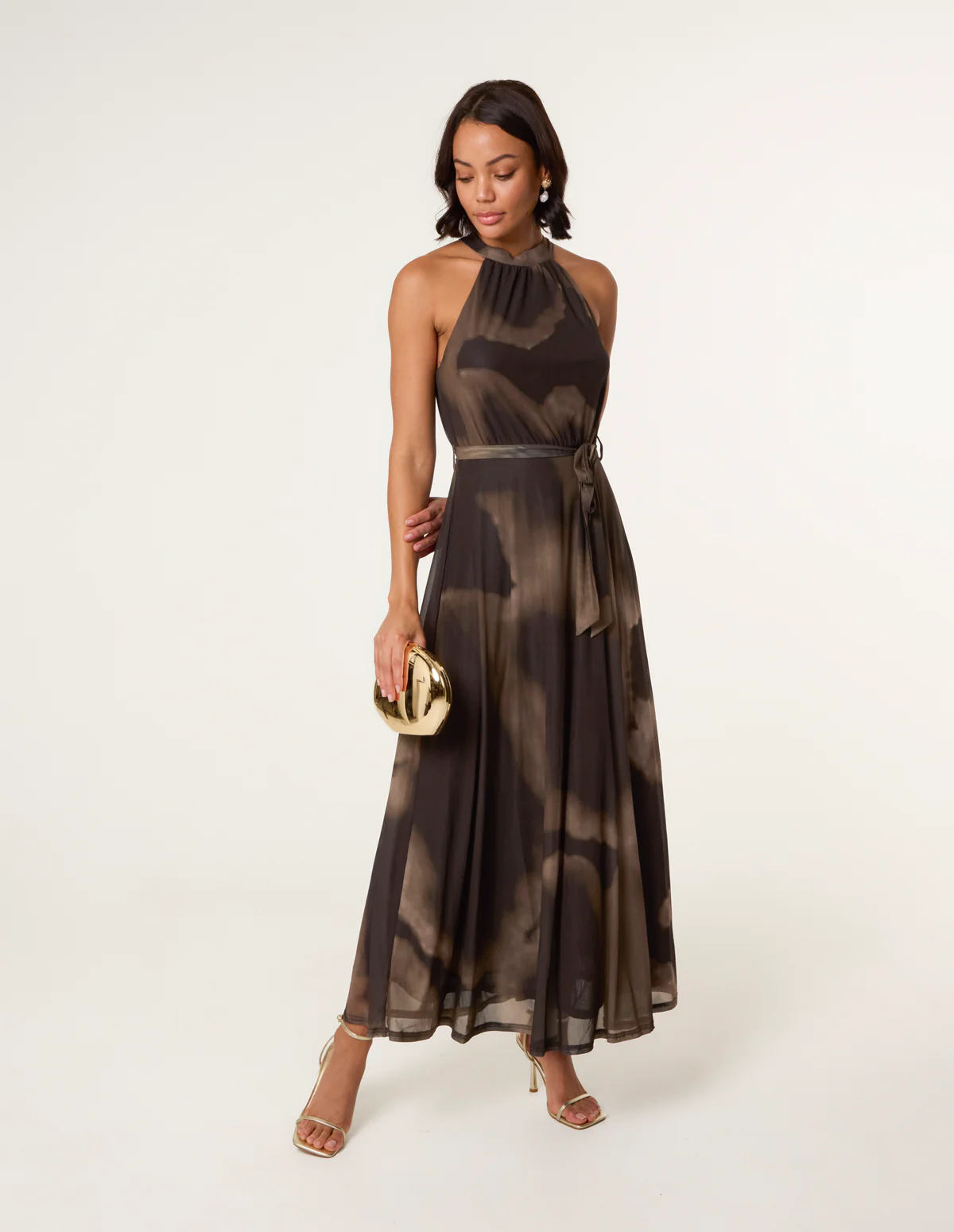 Printed Mesh Halter Neck Belted Maxi Dress - Image 3