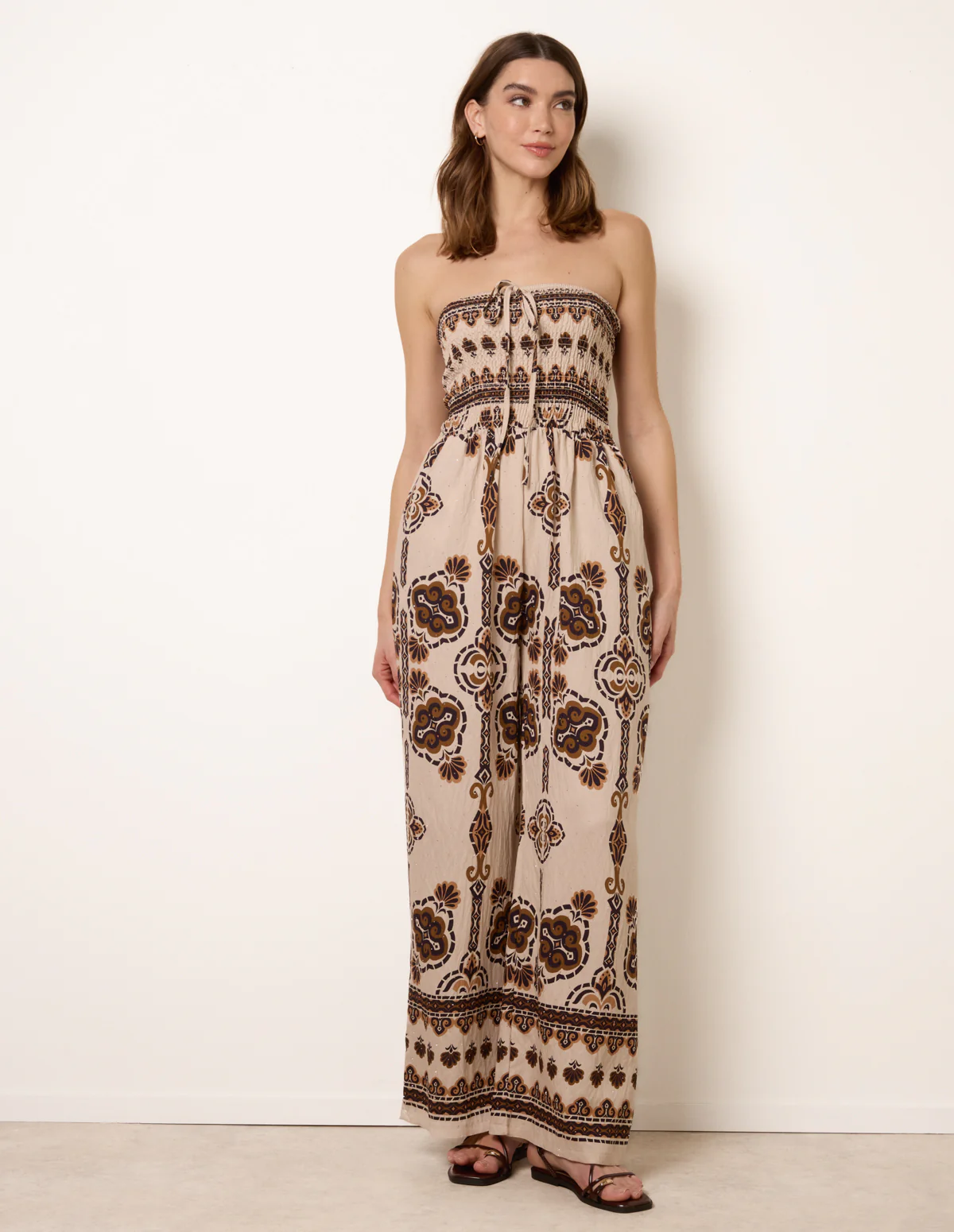 Tribal Print Bardot Tie Neck Jumpsuit - Image 2