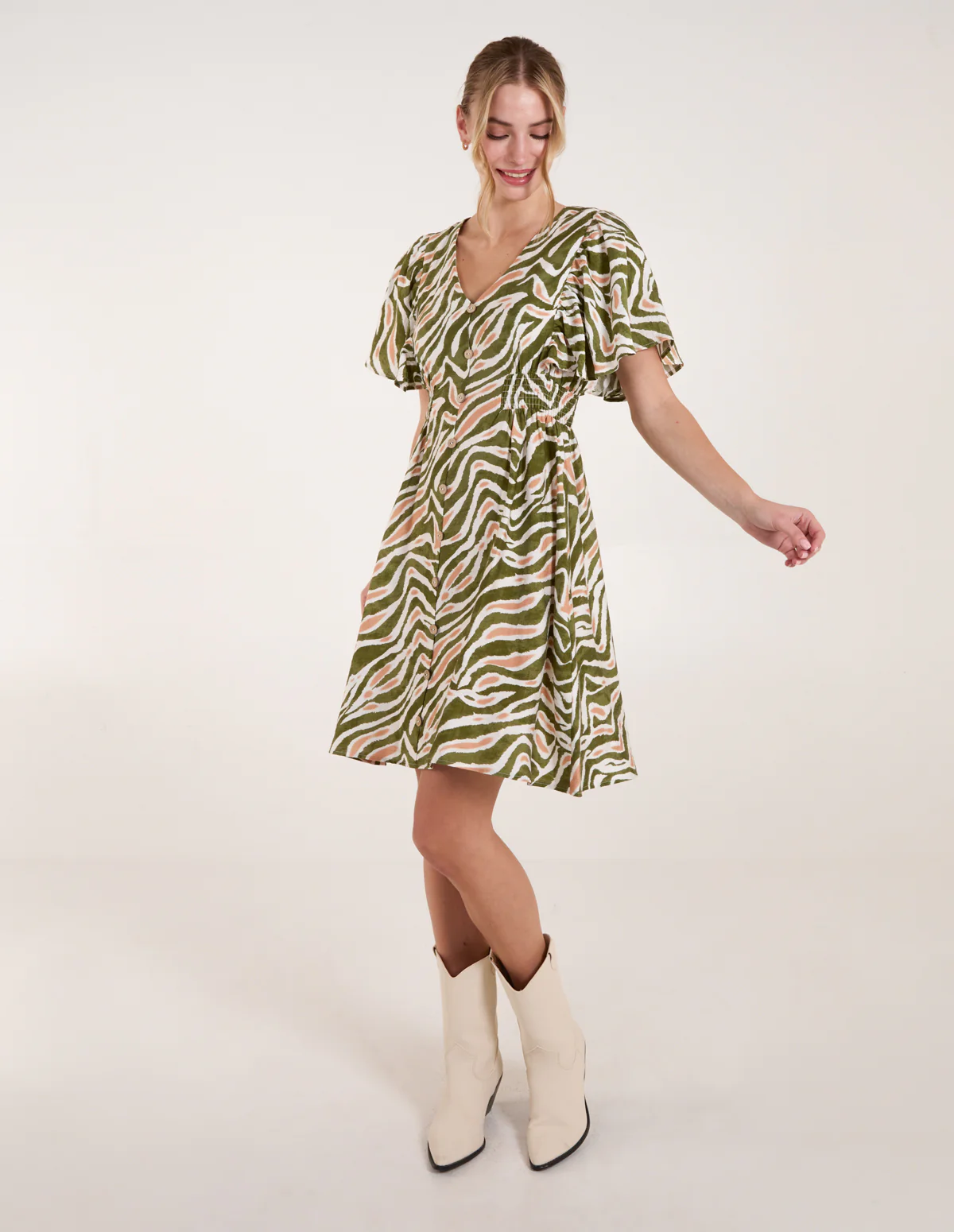 Button Front Shirred Waist Mini Dress - Image 3
