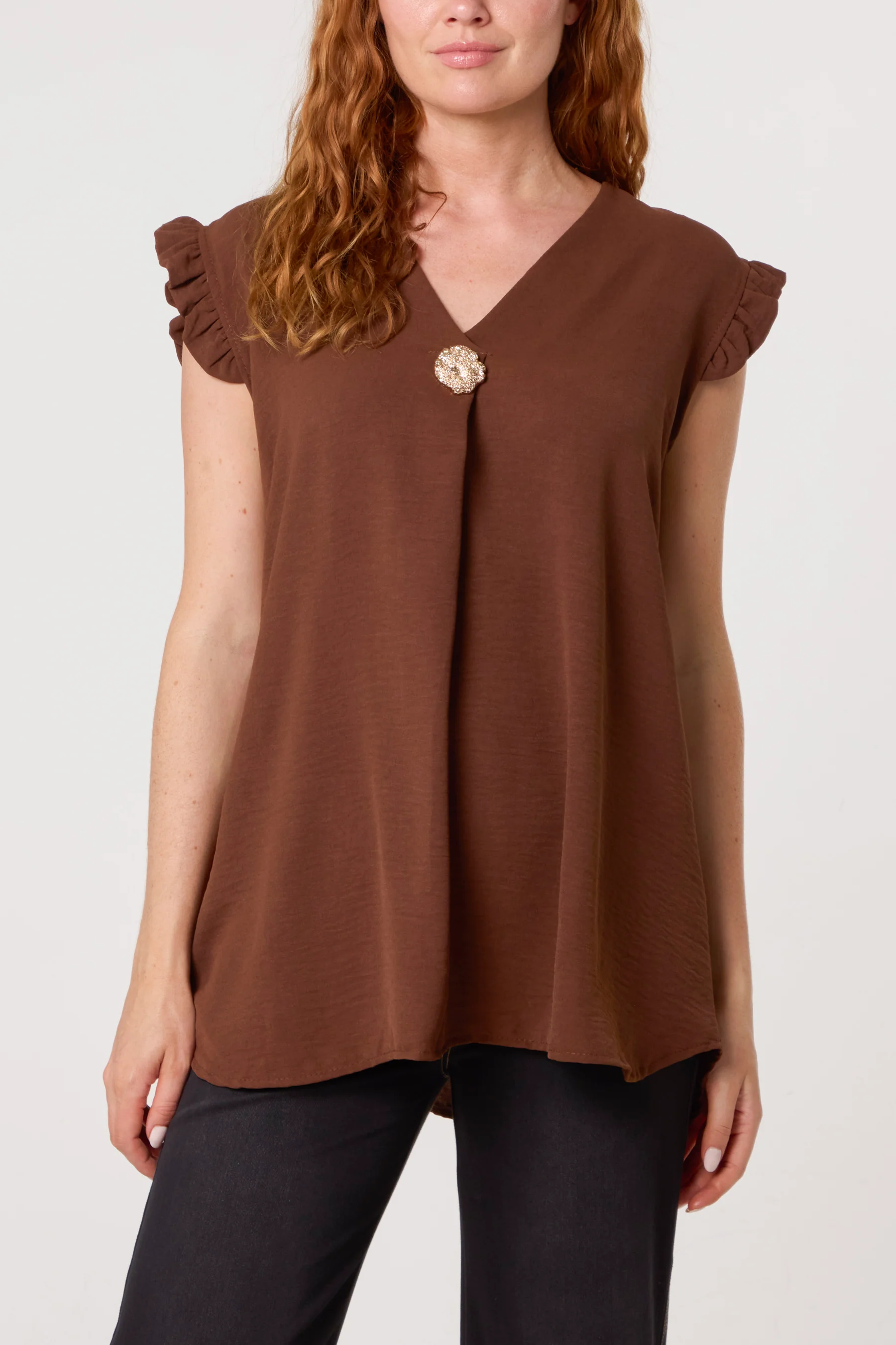 Gold Button Detail Frill Top