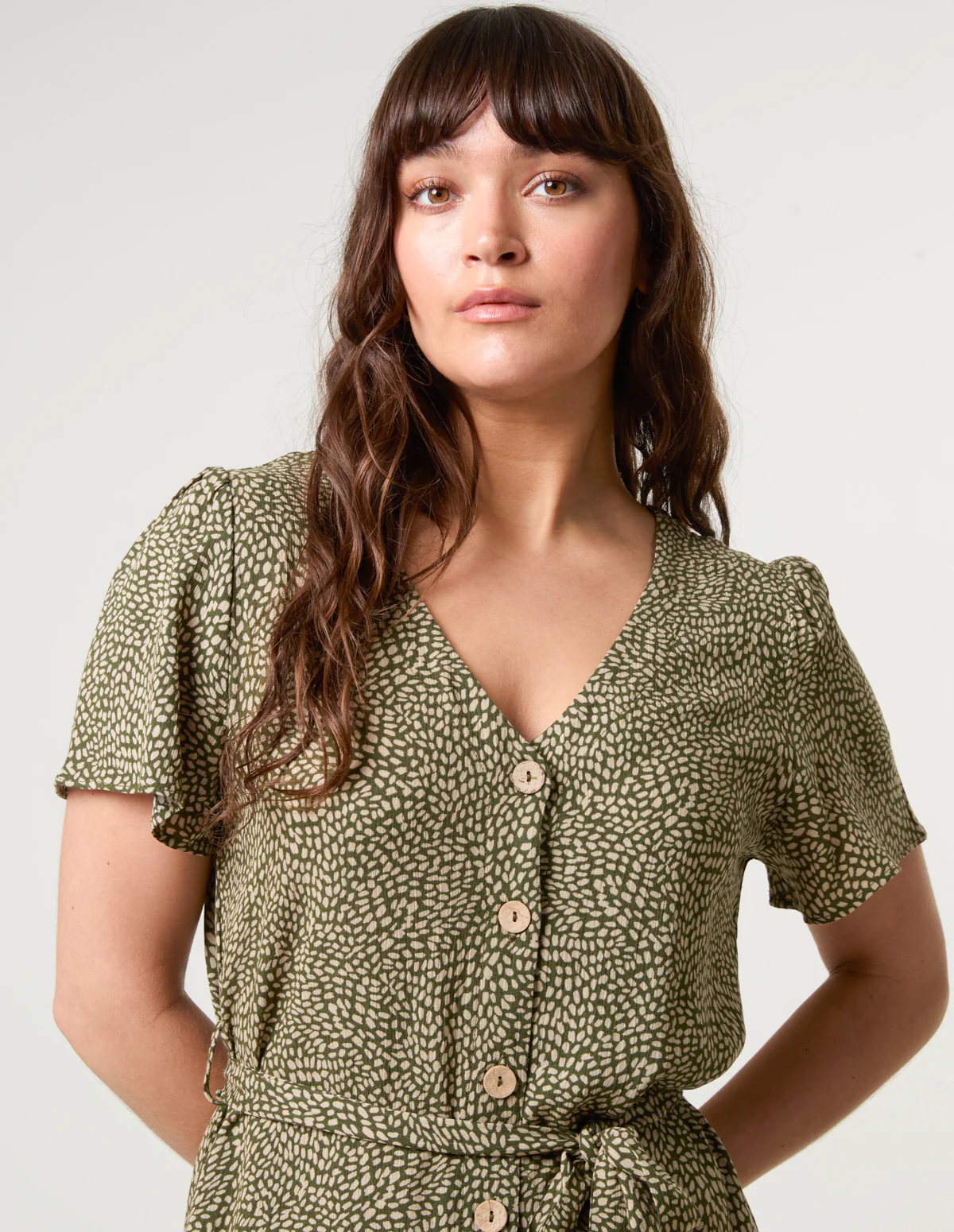 Coconut Button V Neck Tie Waist Midi Dress - Image 2