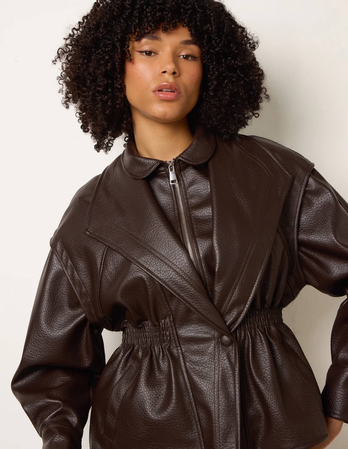 Collared Shirred Waist Faux Leather Jacket - Image 3