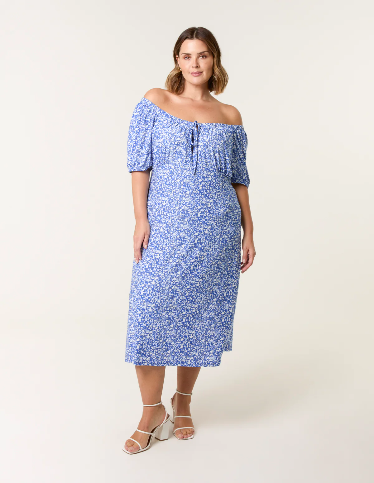 Curve Ditsy Print Milkmaid Stretch Crepe Midi Dress - Image 3