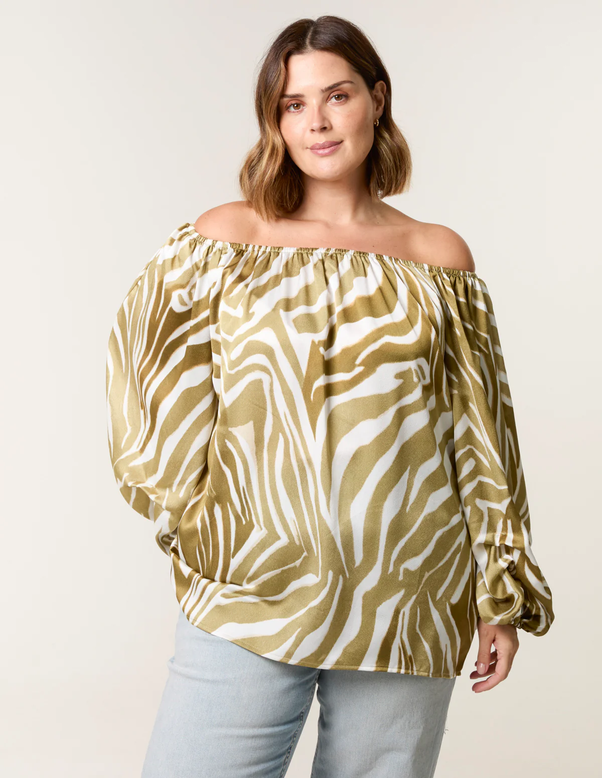 Curve Zebra Satin Ruched Bardot Top - Image 4