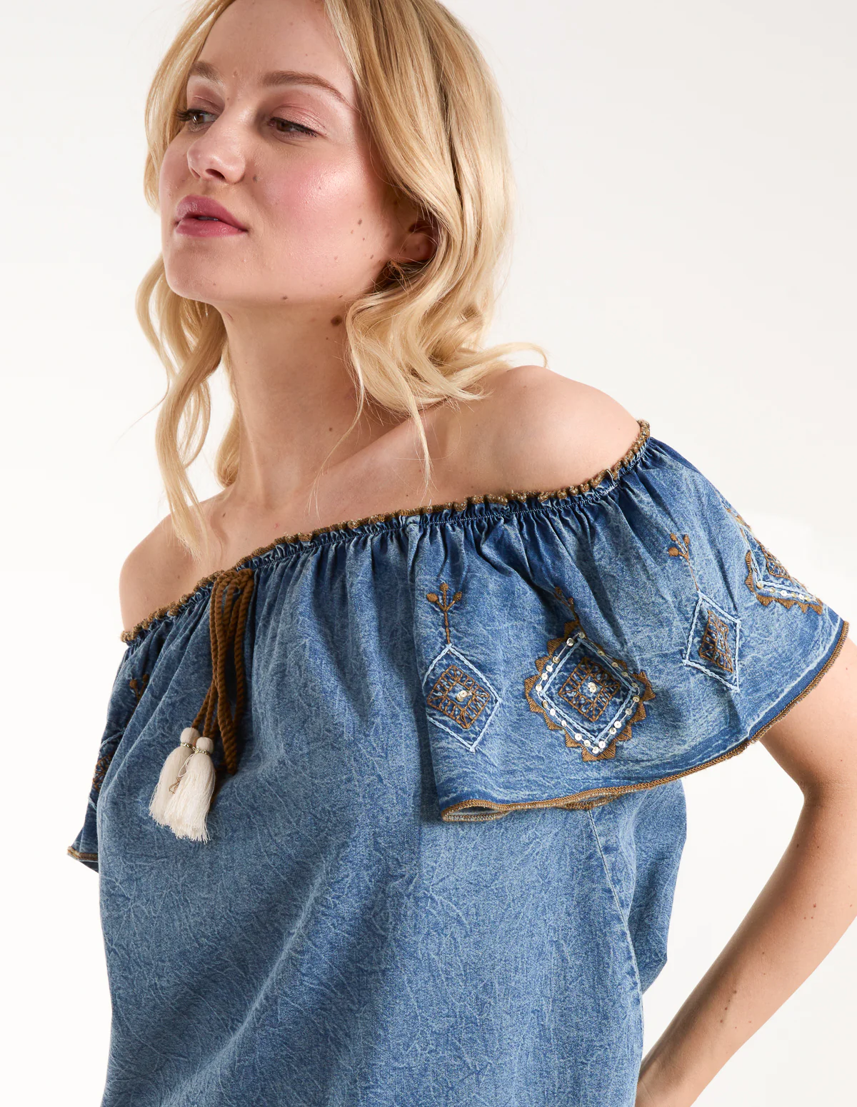 Denim Embroidered Bardot Top - Image 3