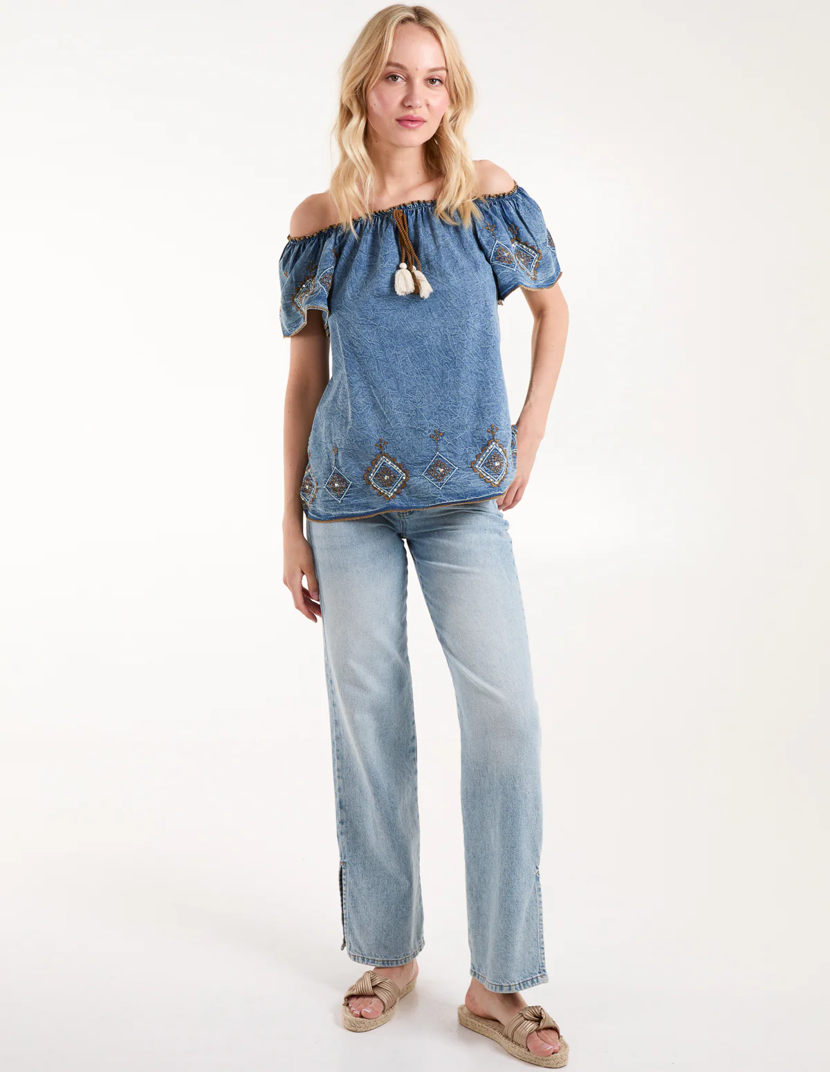 Denim Embroidered Bardot Top - Image 4