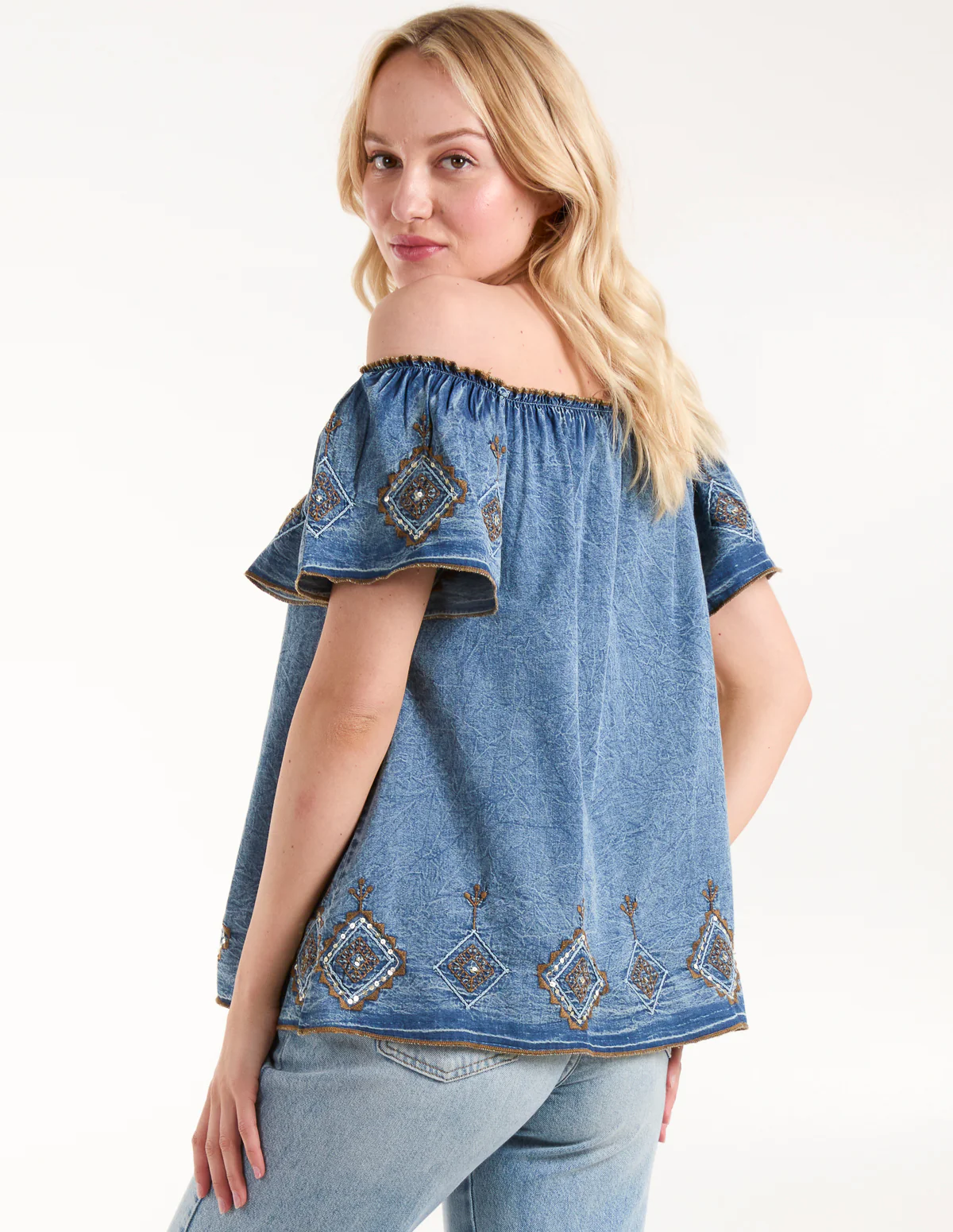 Denim Embroidered Bardot Top - Image 5