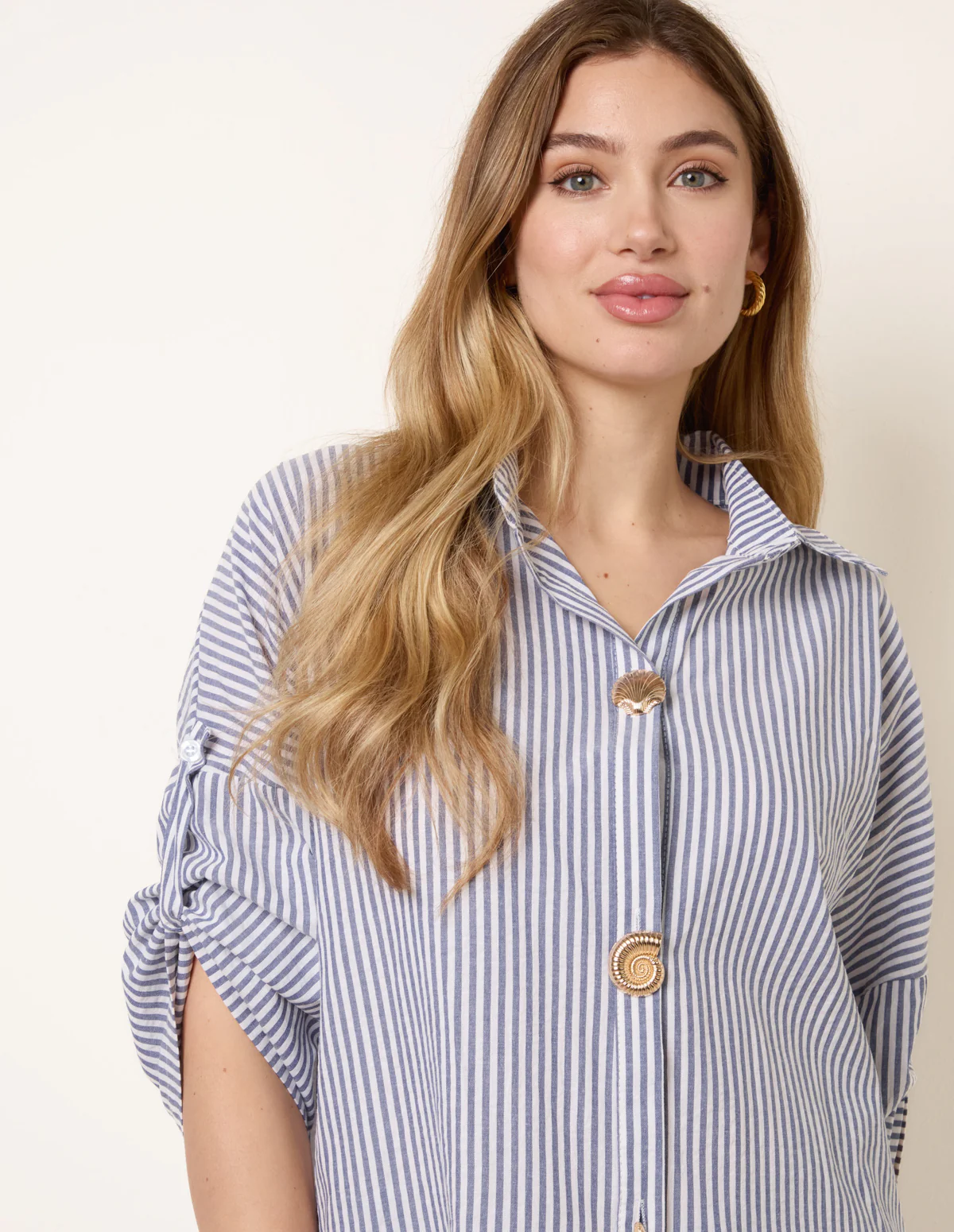 Gold Shell Button Front Stripe Shirt - Image 2