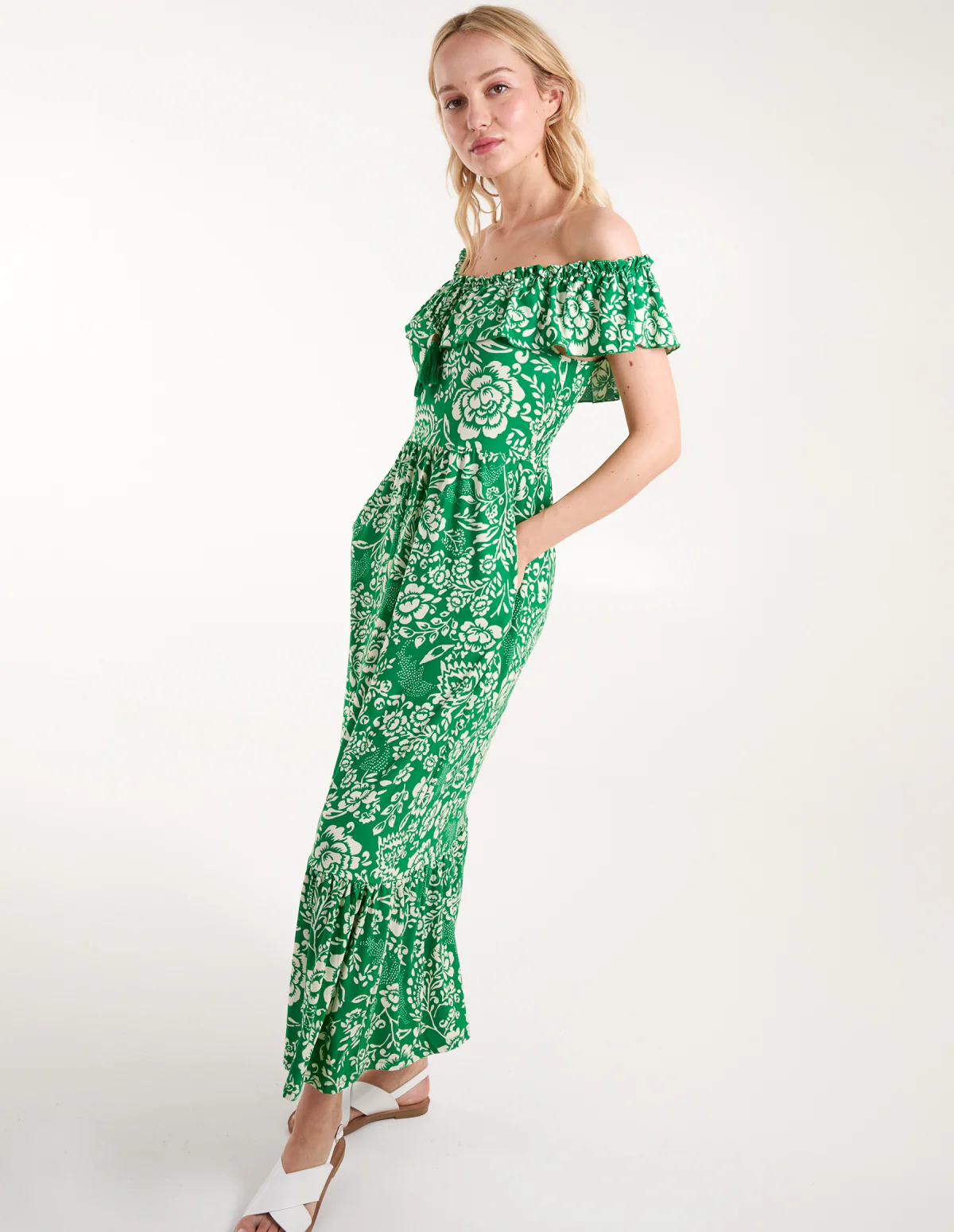 Elasticated Bardot Printed Maxi Dress - Image 3