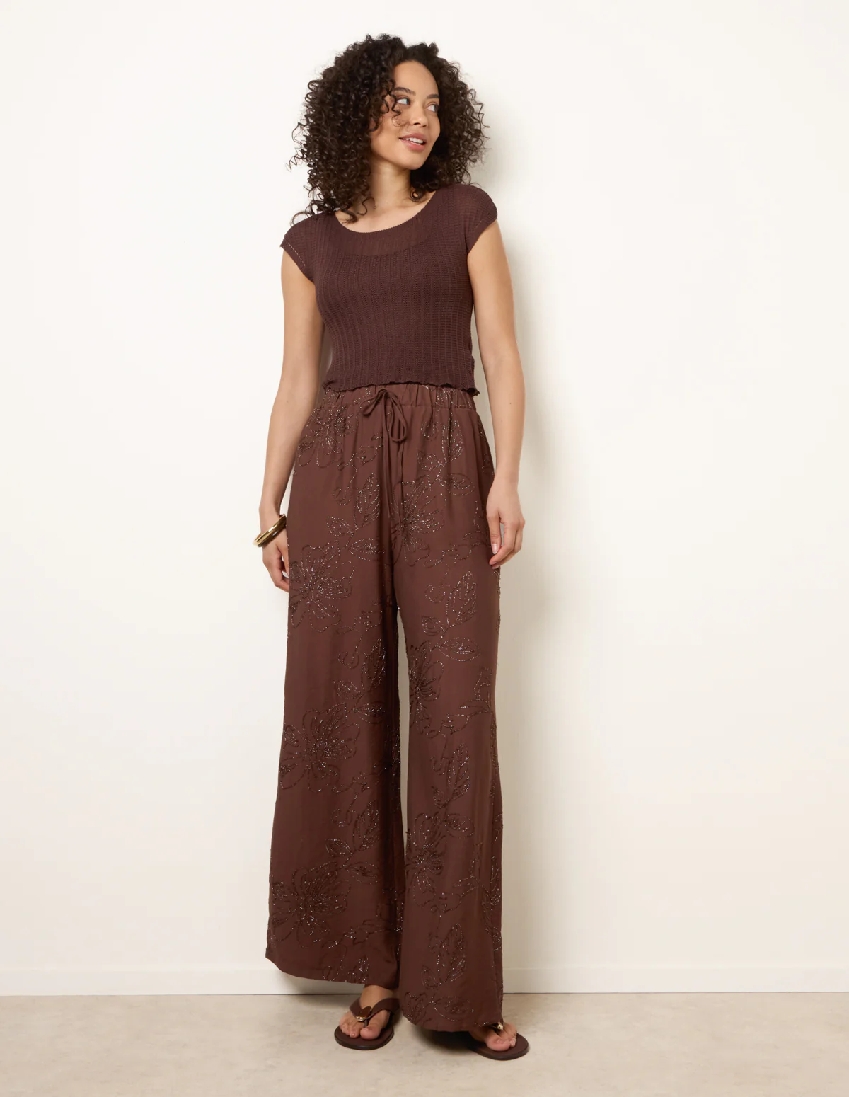 Embroidered Pattern Wide-Leg Trousers