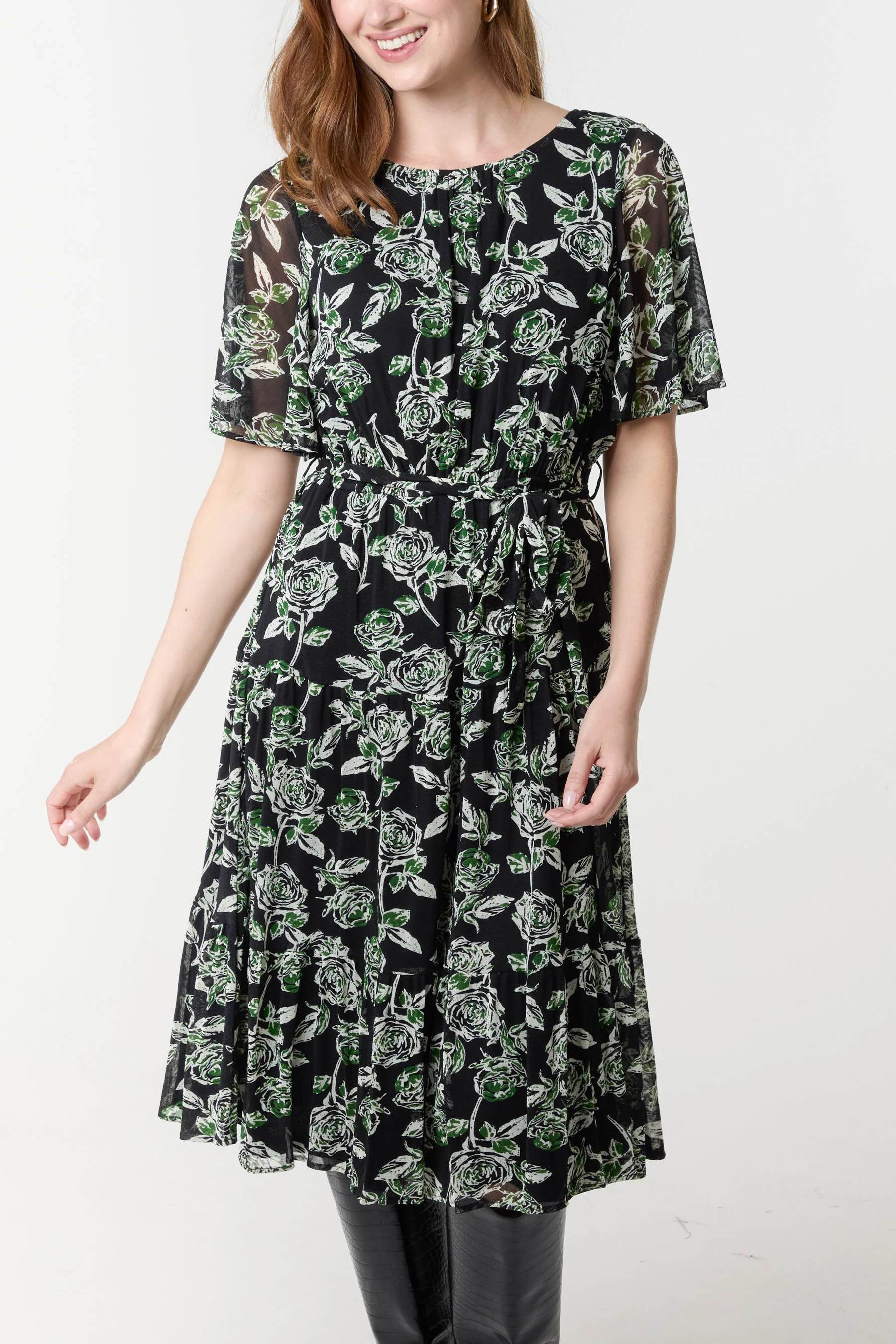 Floral Crew Neck Mesh Midi Dress - Image 3
