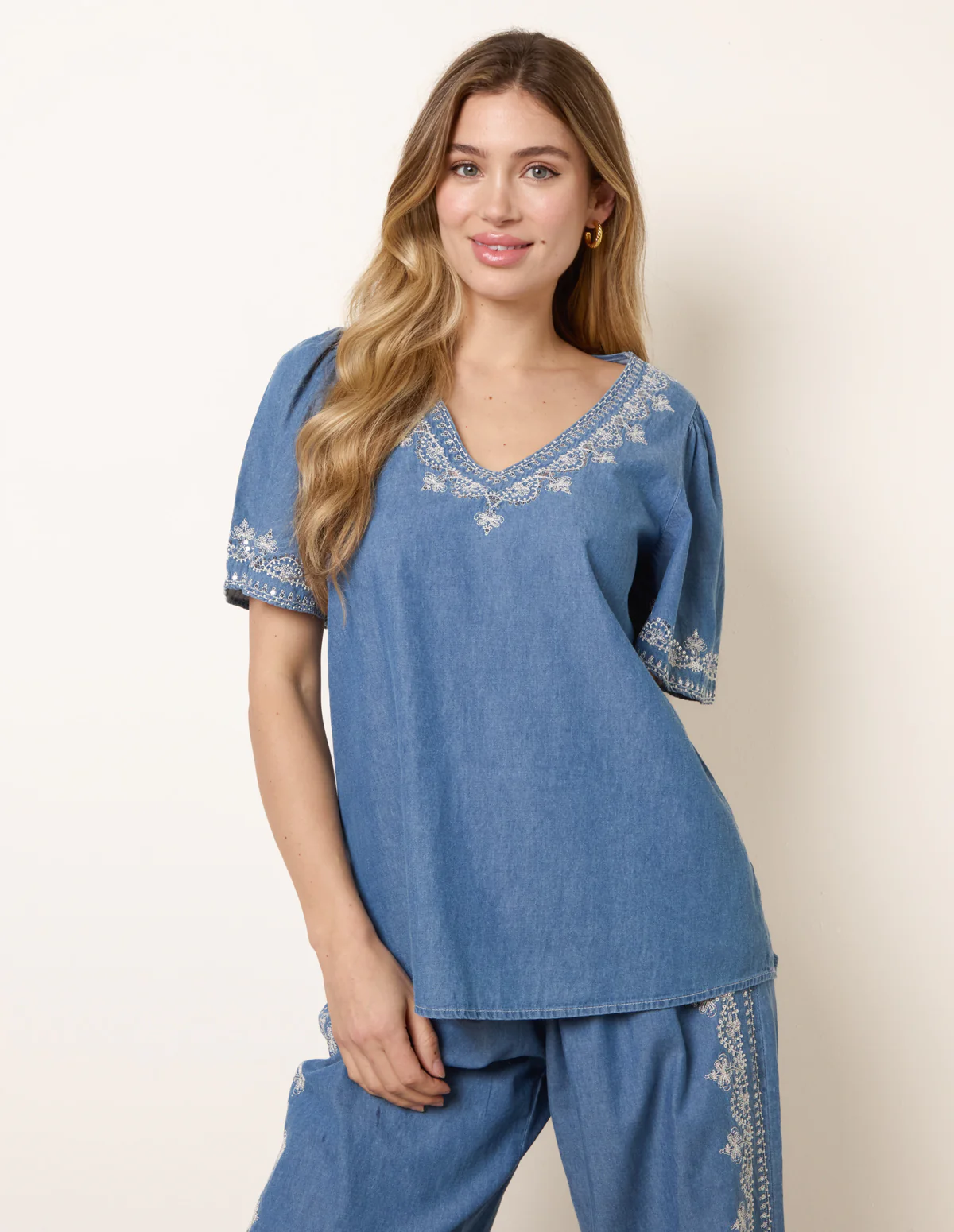 Floral Embroidery V Neckline Top