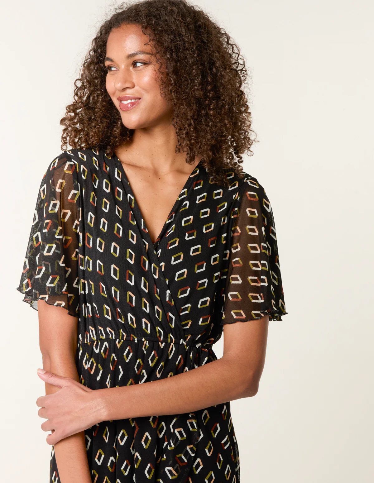 Geometric Mesh Ruffle Wrap Dress - Image 2