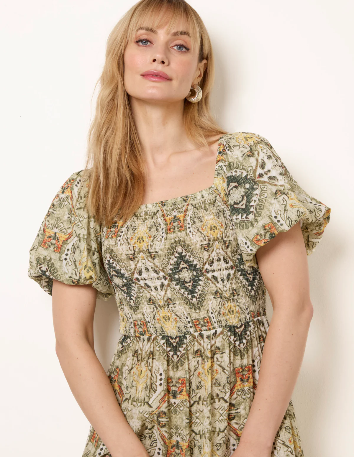 Abstract Print Puff Sleeve Midi Dress - Image 2