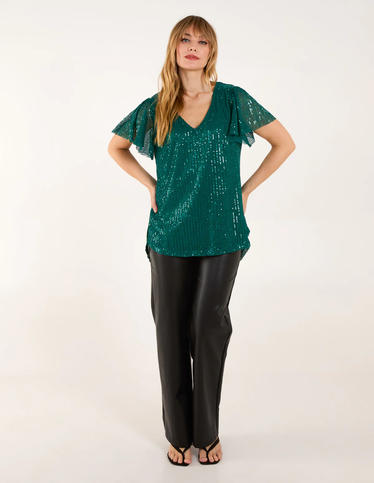 Angel Sleeve V Neck Sequin Top - Image 3