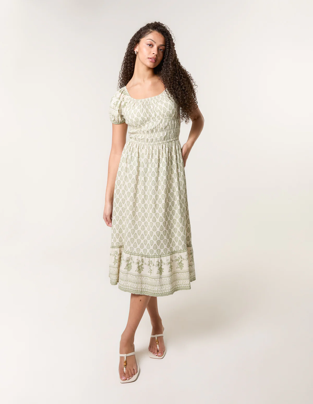 Border Print Puff Sleeve Midi Dress