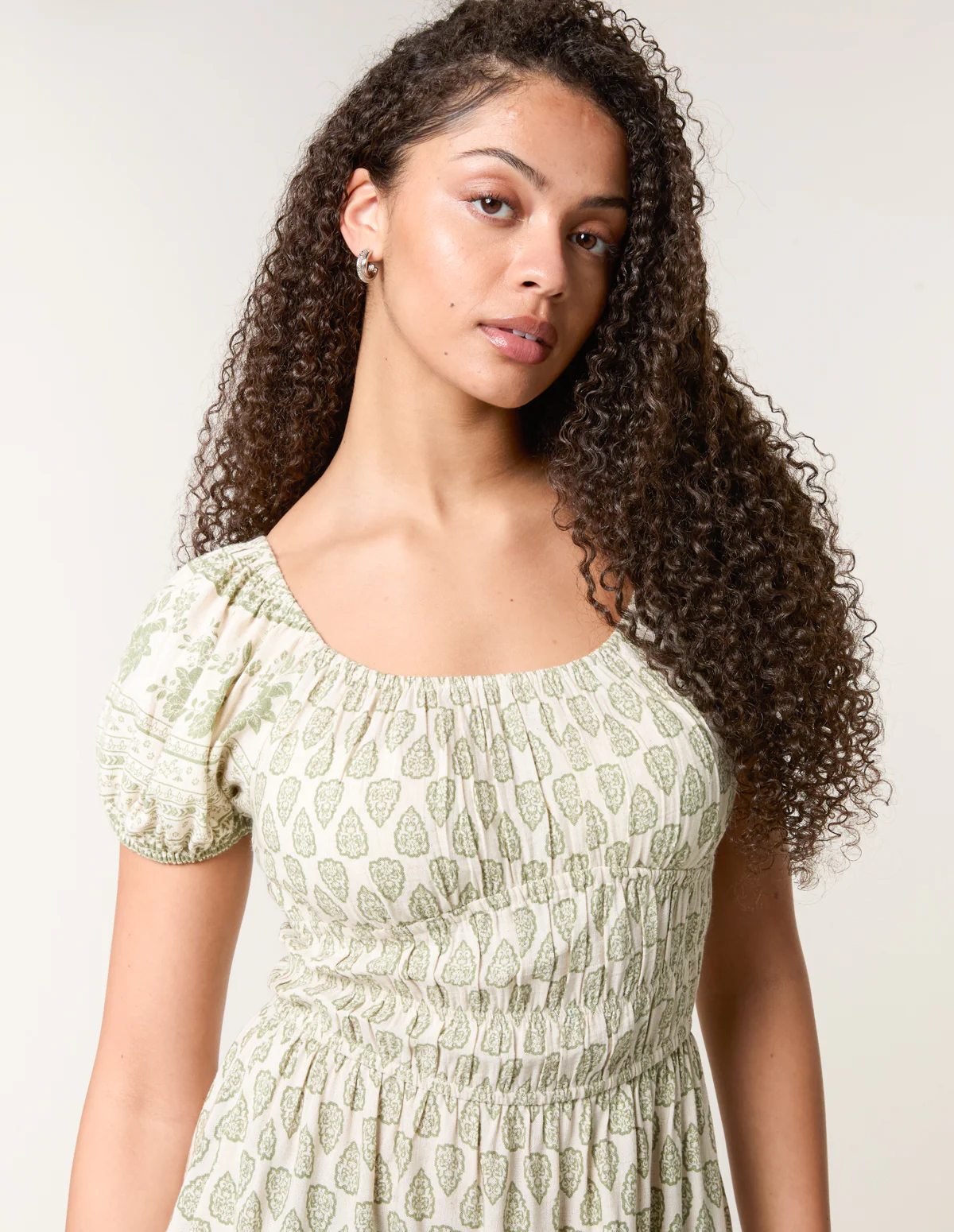 Border Print Puff Sleeve Midi Dress - Image 2