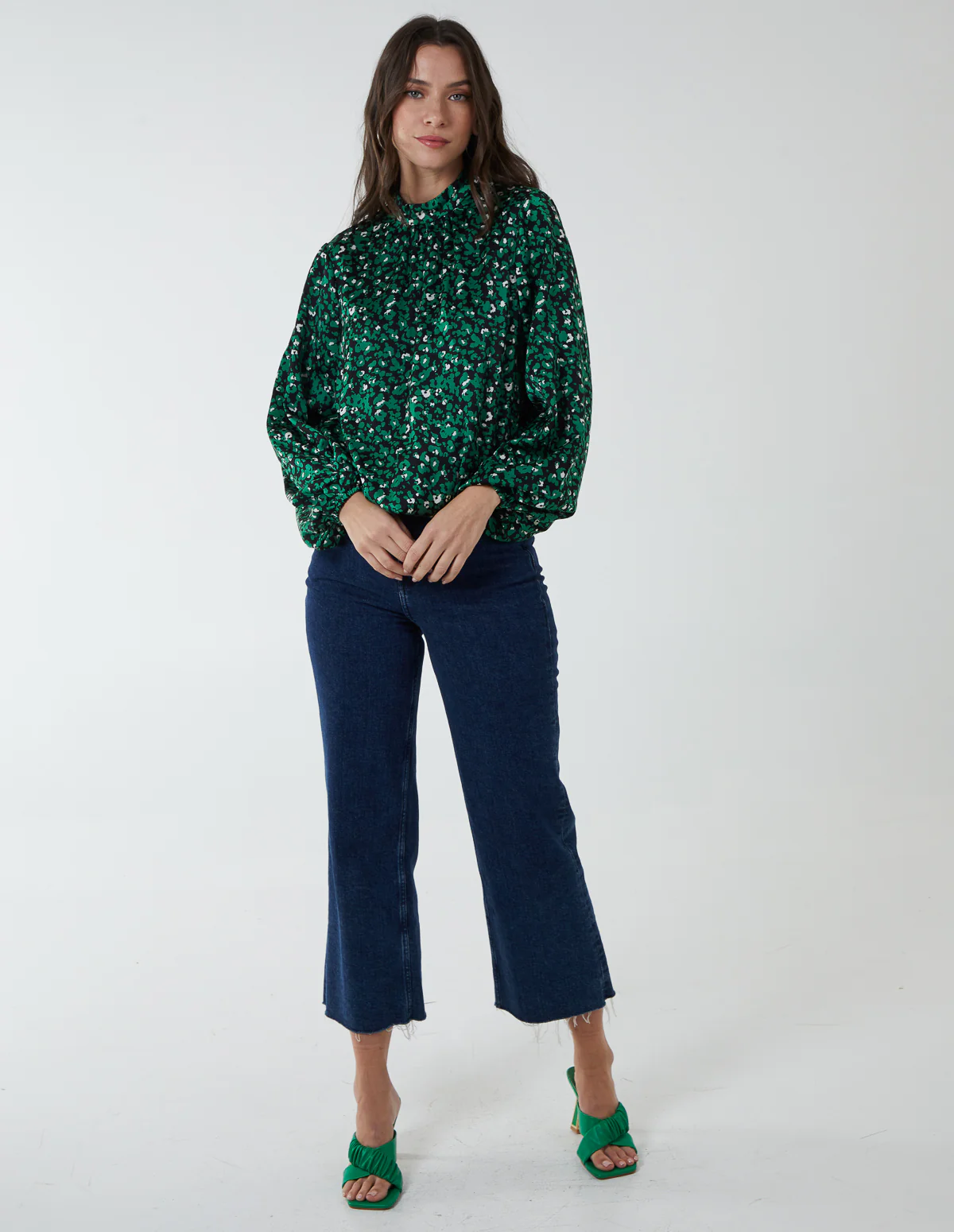 High Neck Leopard Print Satin Blouson Top - Image 3