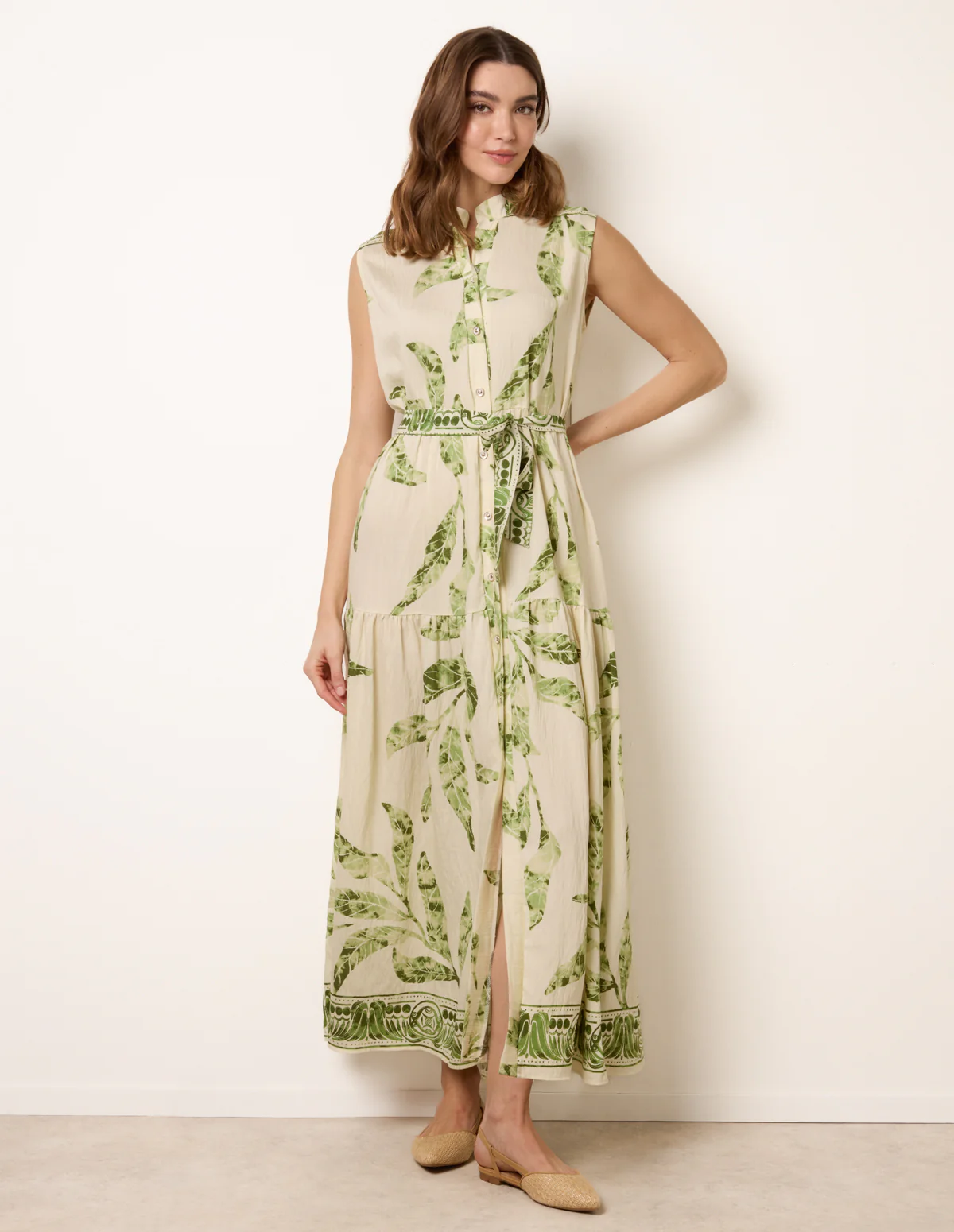 Leaf Print Collarless Shirt Dress With Belted Waist - Image 3