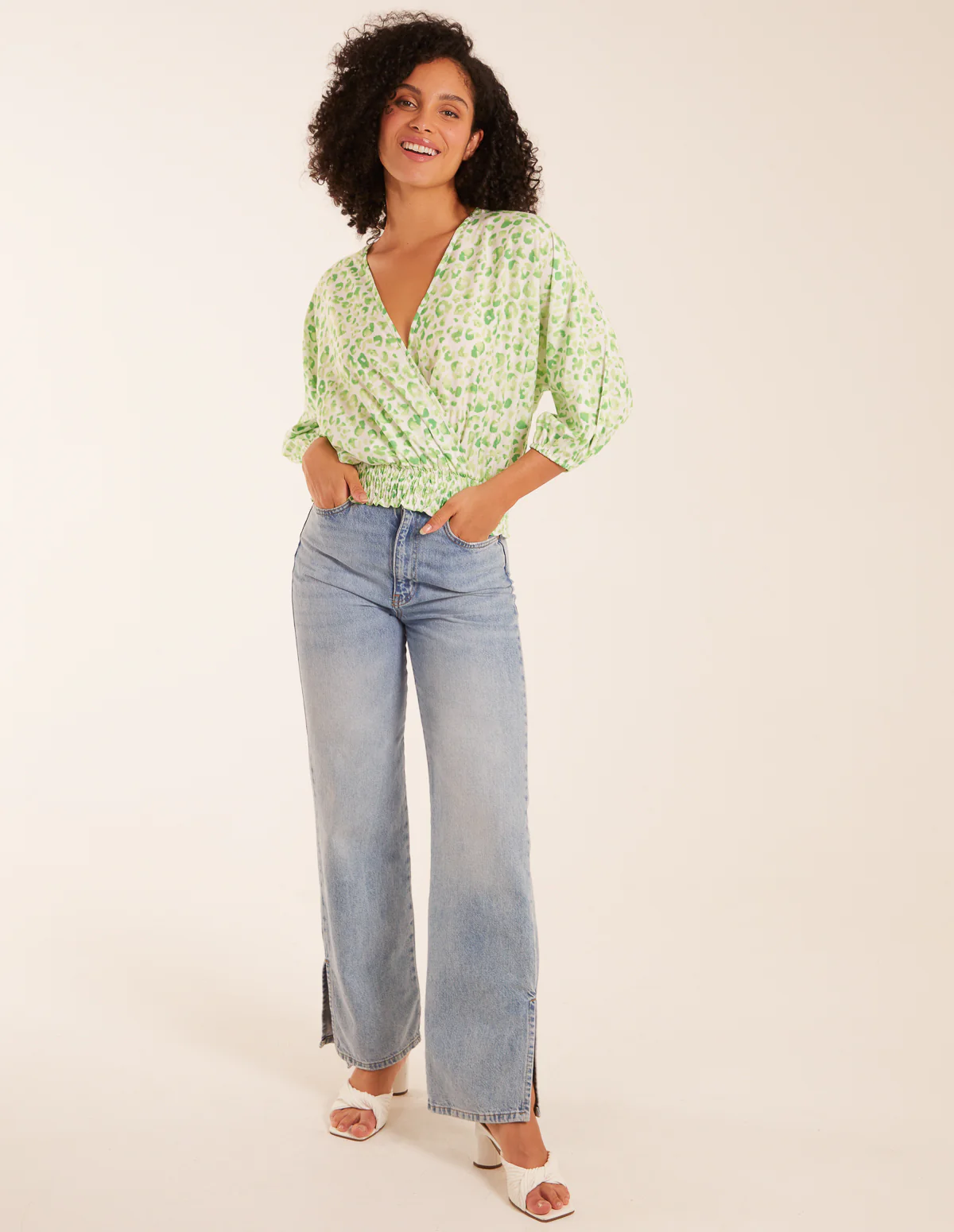 Leopard Print Elasticated Sleeve Wrap Front Elastic Hem Top - Image 3