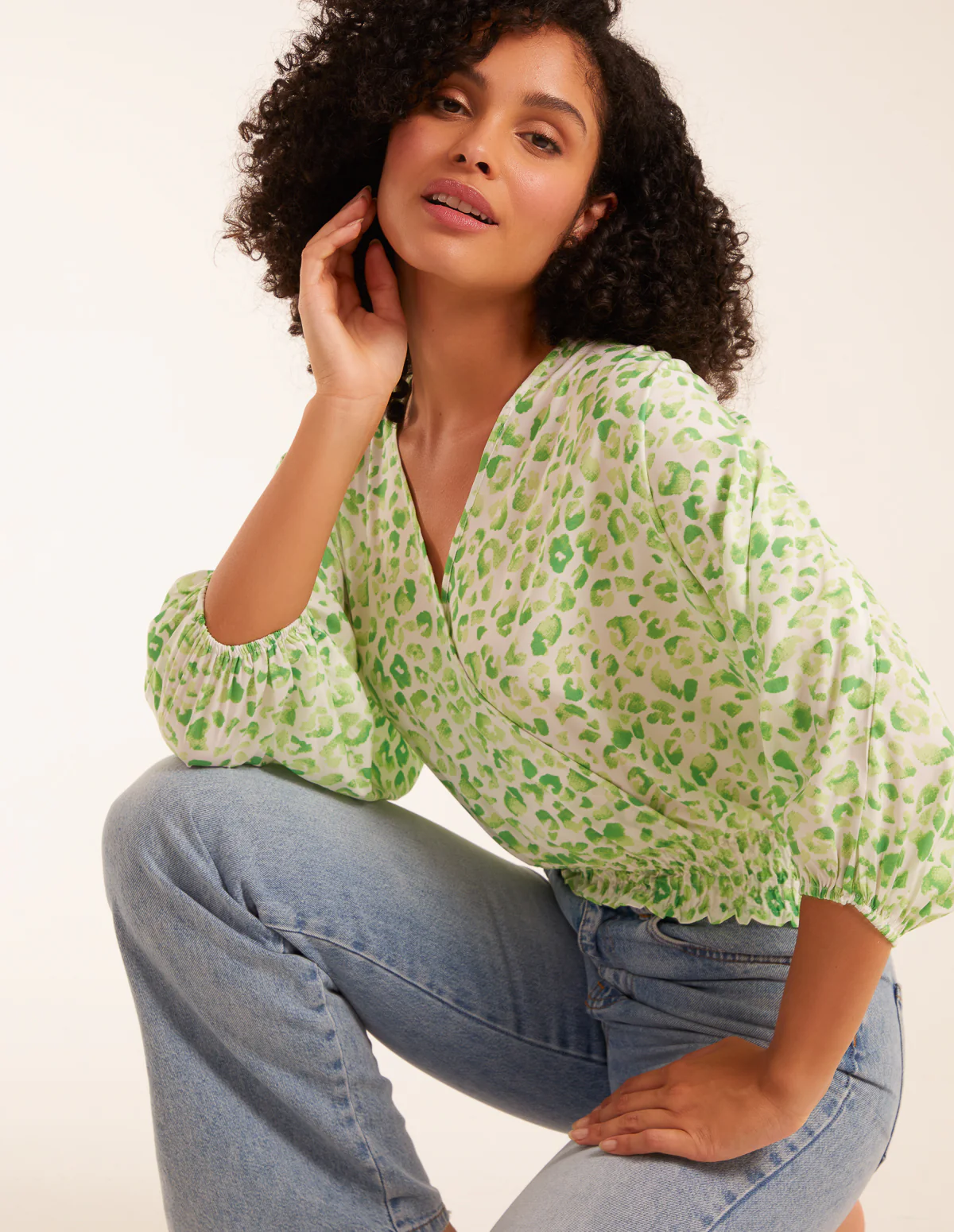 Leopard Print Elasticated Sleeve Wrap Front Elastic Hem Top - Image 4