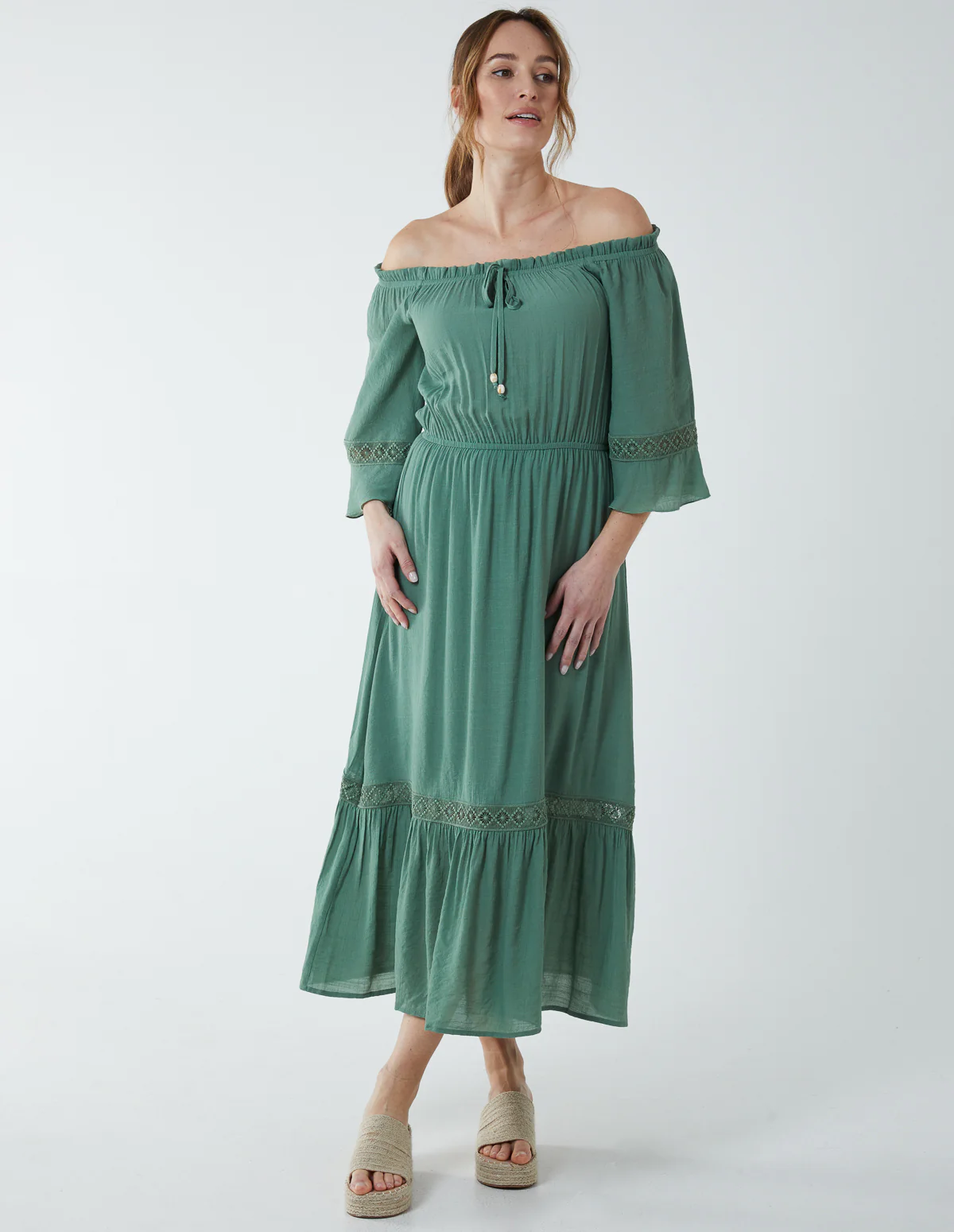 Off Shoulder Elasticated Lace Insert Midi Dress - Image 2