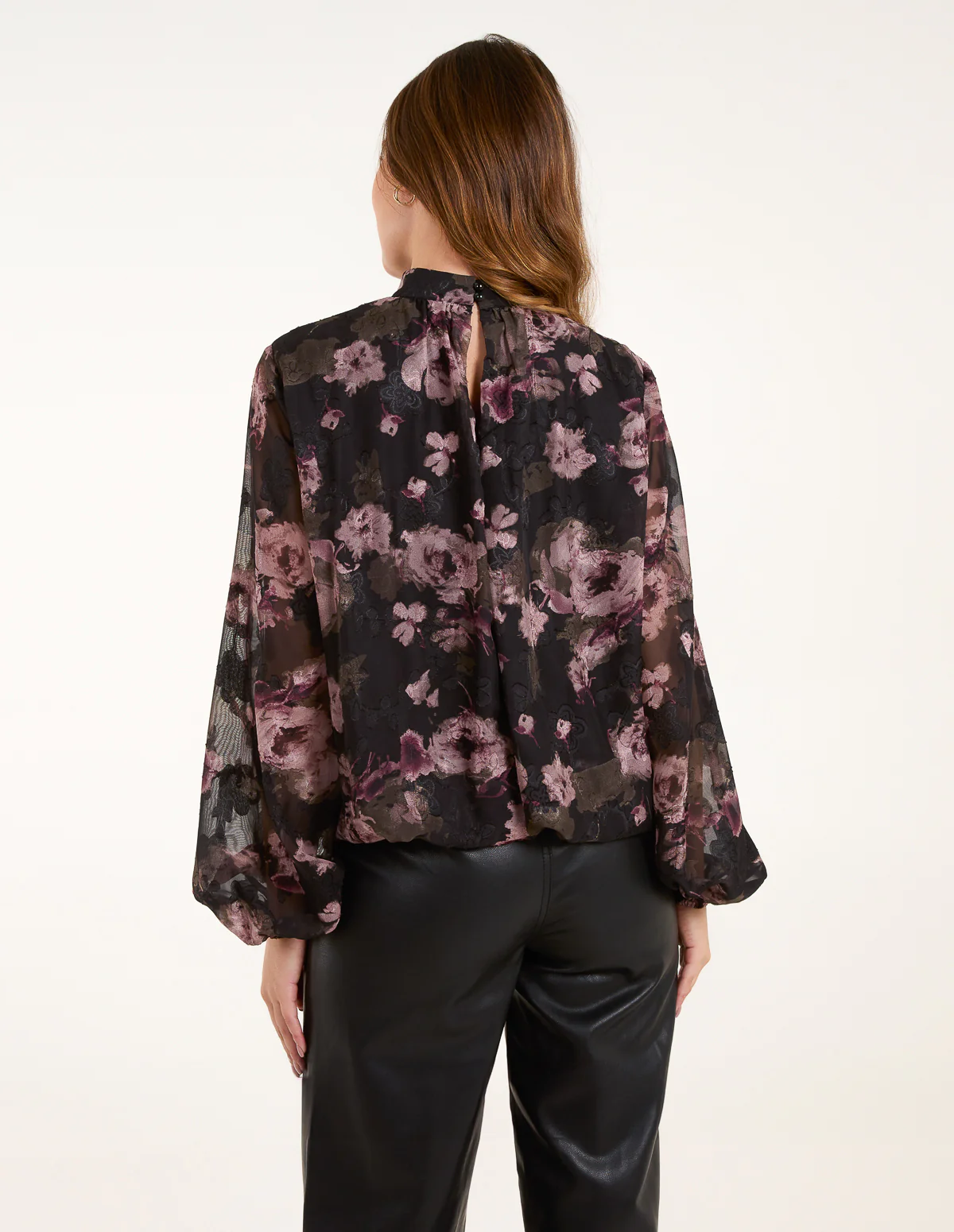 High Neck Bubble Hem Floral Jacquard Blouse - Image 4