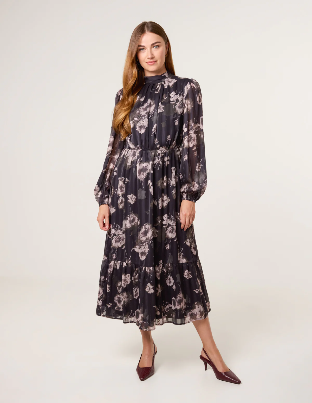 High Neck Floral Puffball Pleated Midi Dress - Image 3