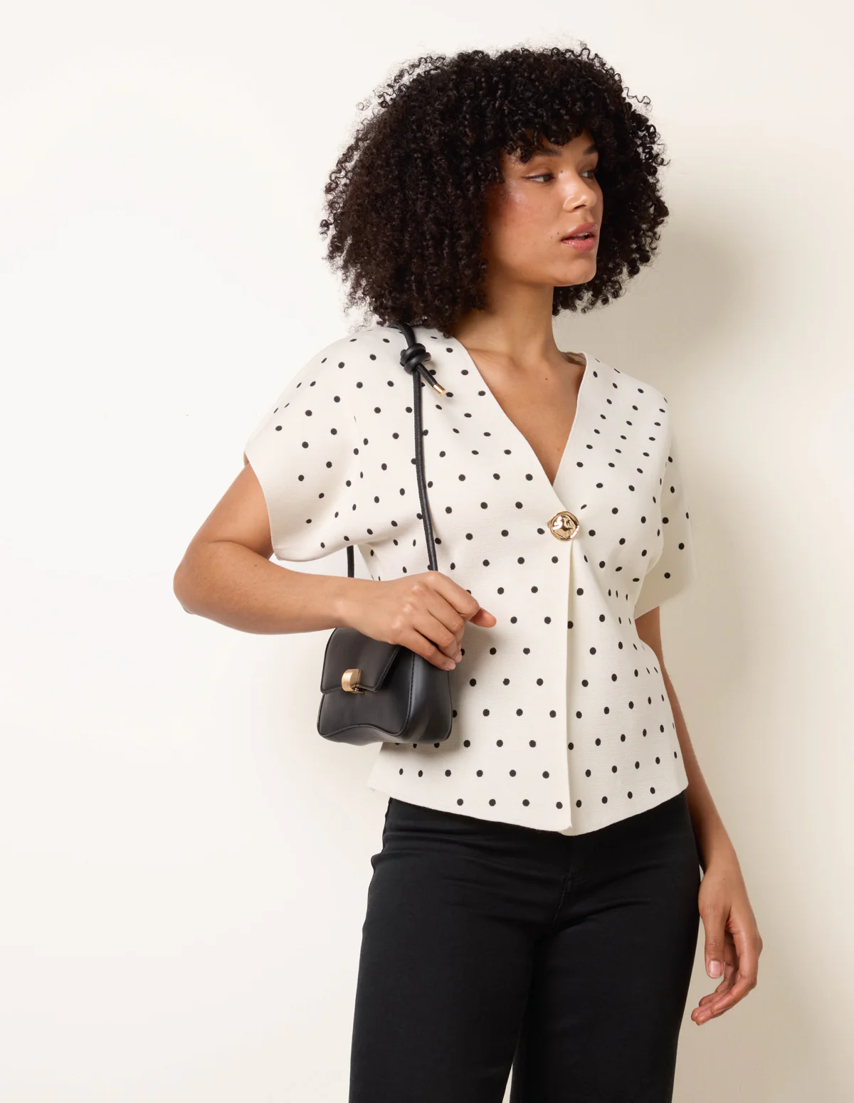 Polka Dot Short-Sleeve Knit Cardigan Top