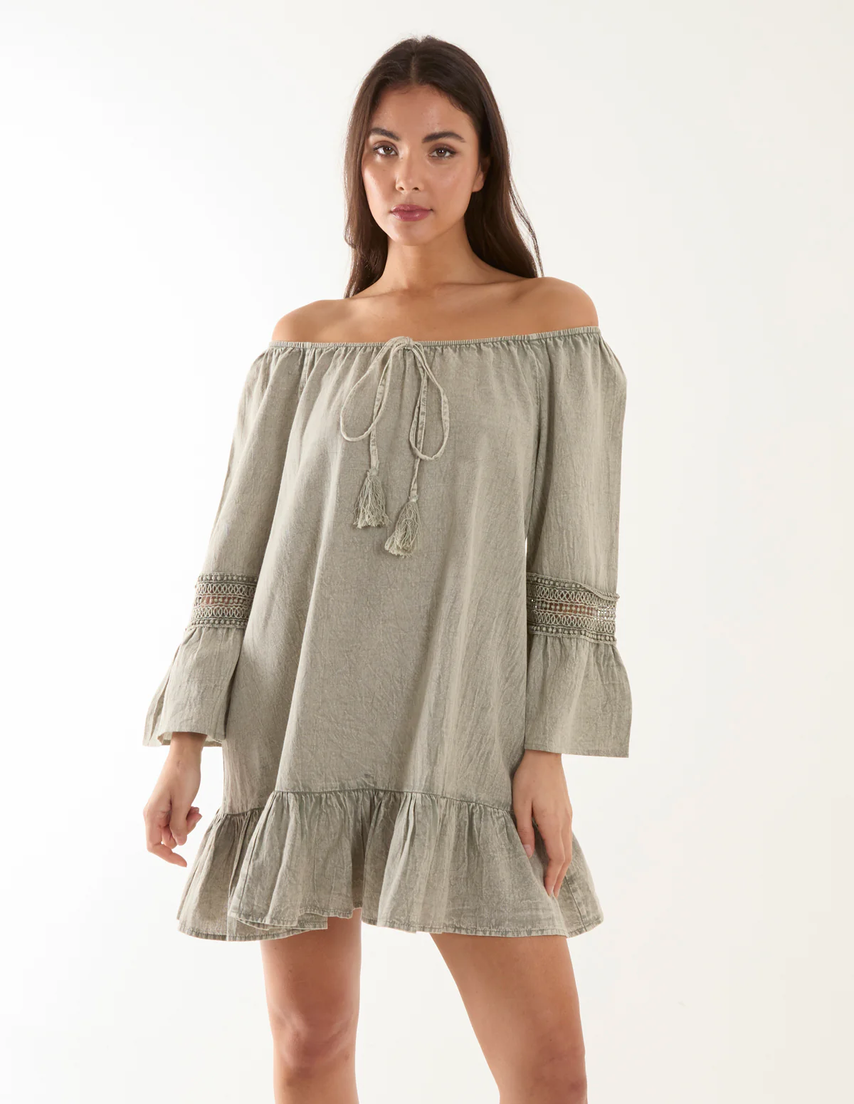 Lace Trim Elasticated Bardot Neck Tunic Dress - Image 3