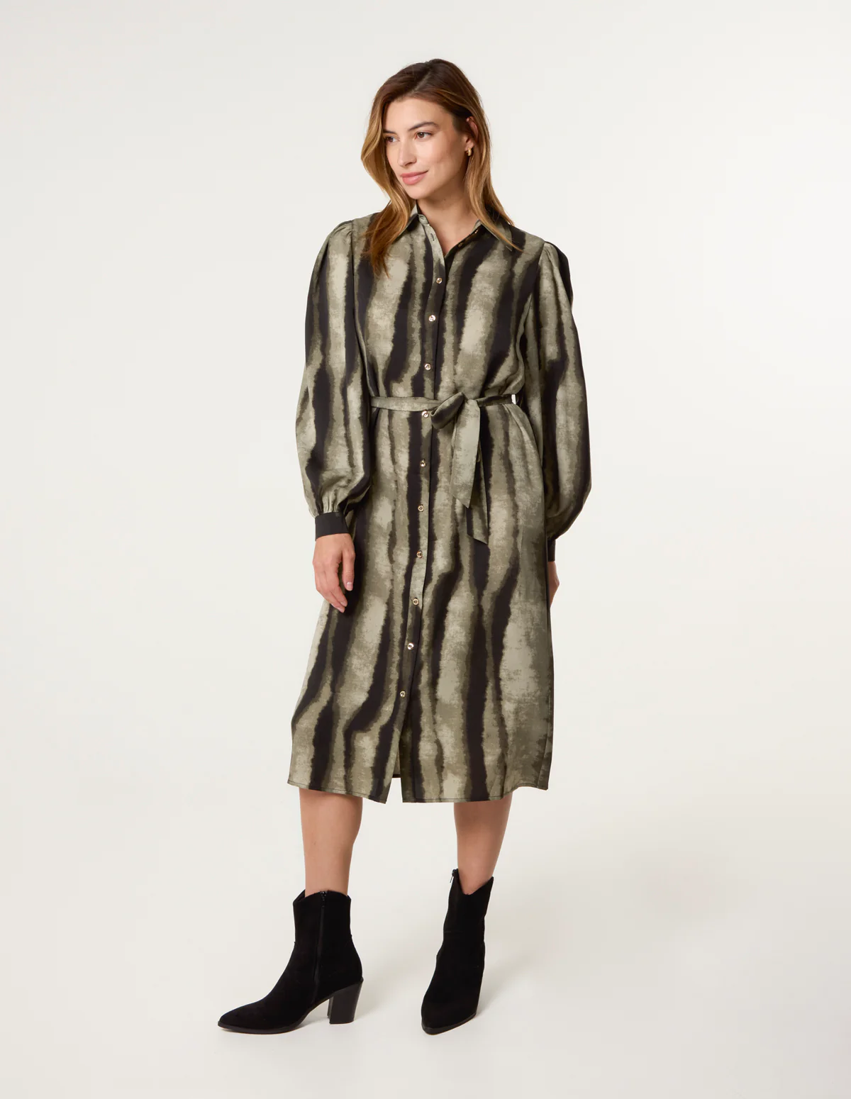 Printed Puff Sleeve Button Through Midi Dress - Image 3