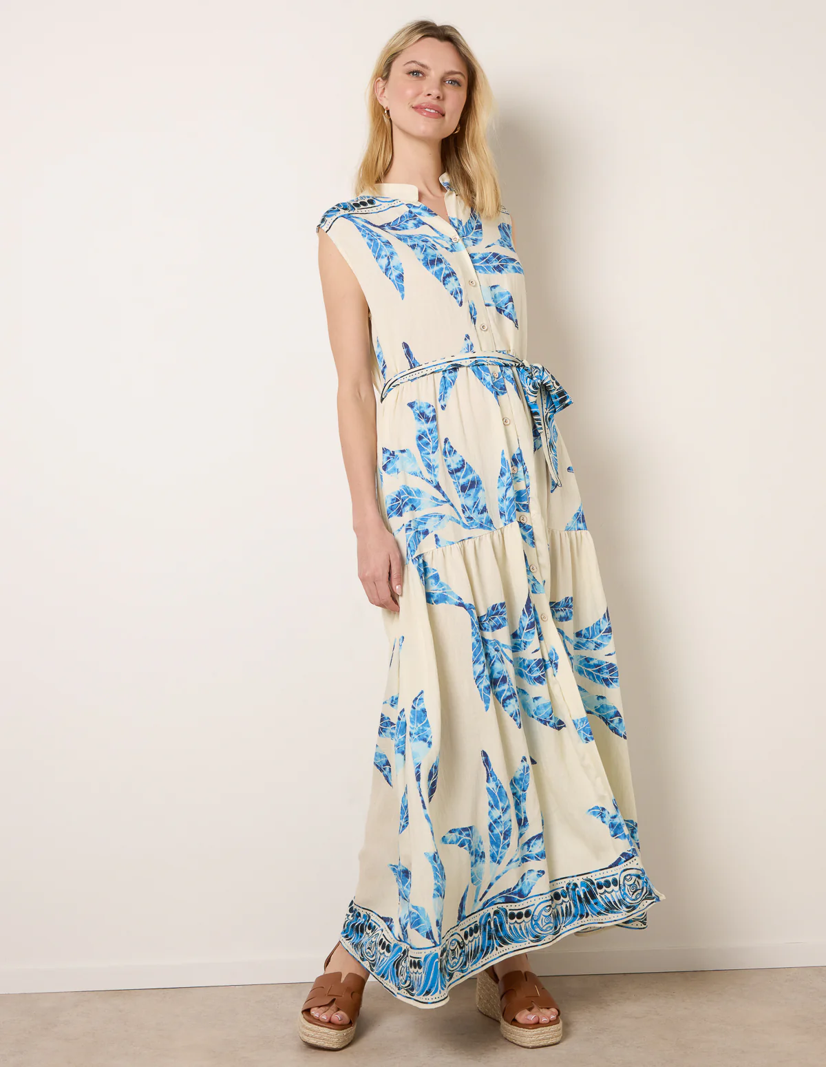 Leaf Print Collarless Shirt Dress With Belted Waist - Image 3