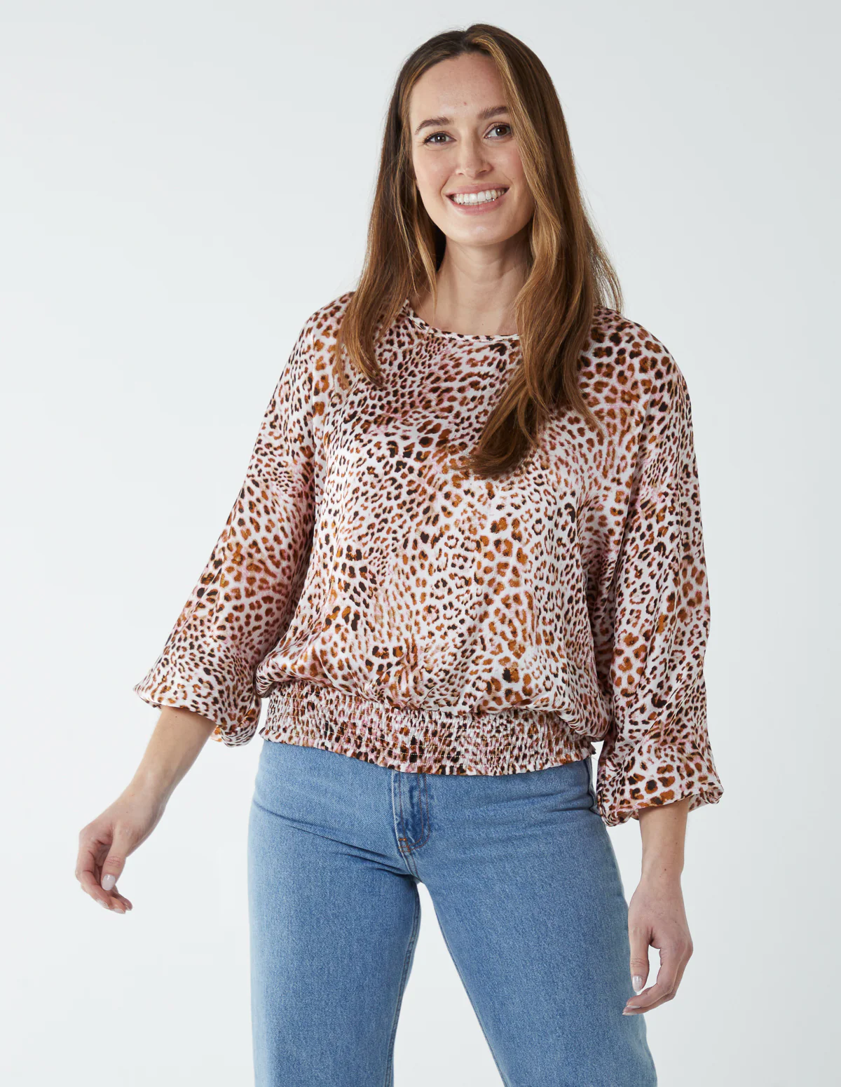 Leopard Print Round Neck Batwing Shirred Hemband Top - Image 3